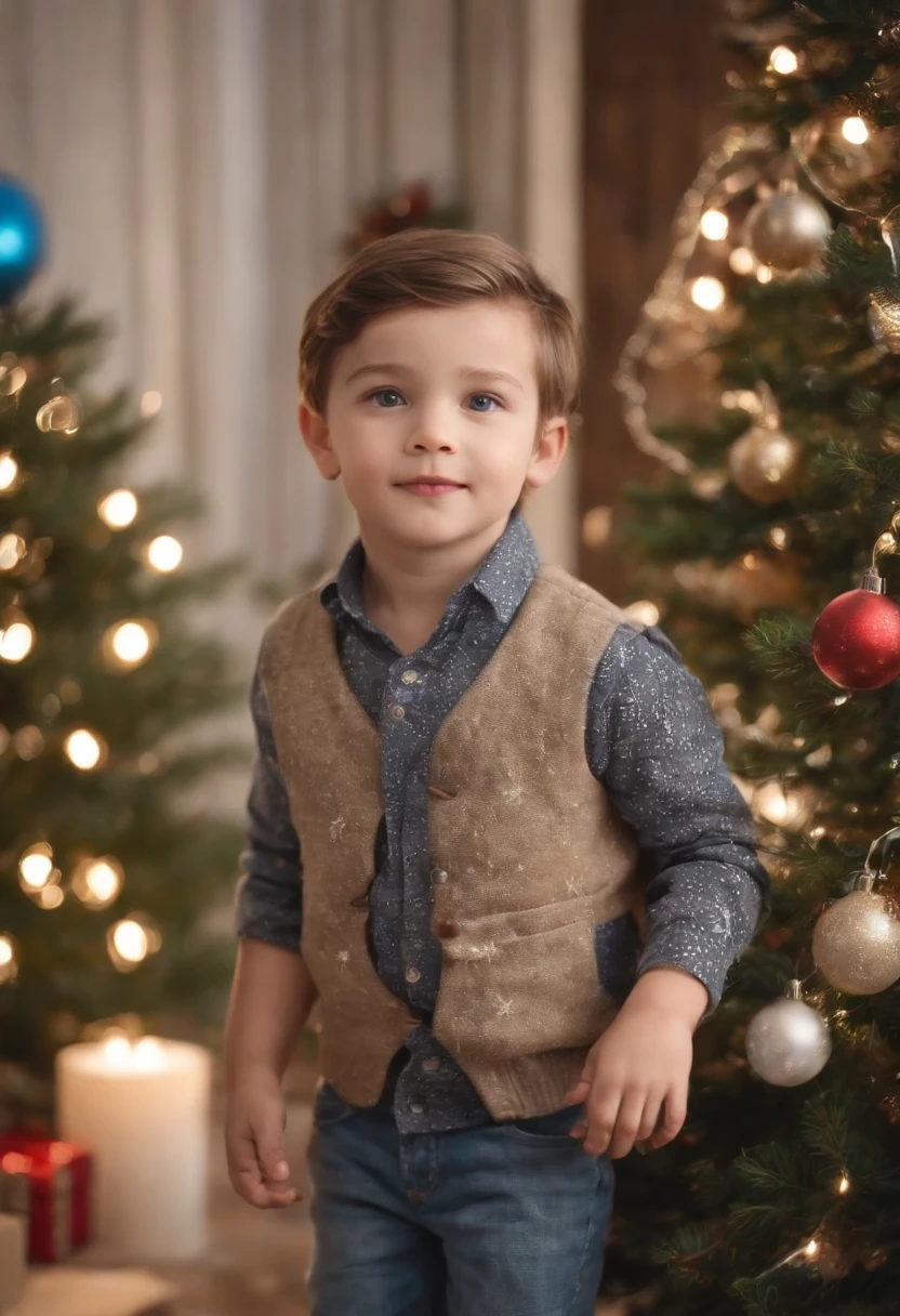 boy dressed in retro style, places christmas decorations on pine tree, lights in the background, bokeh style, half length shot, high quality photo --ar 2:3 --v 5