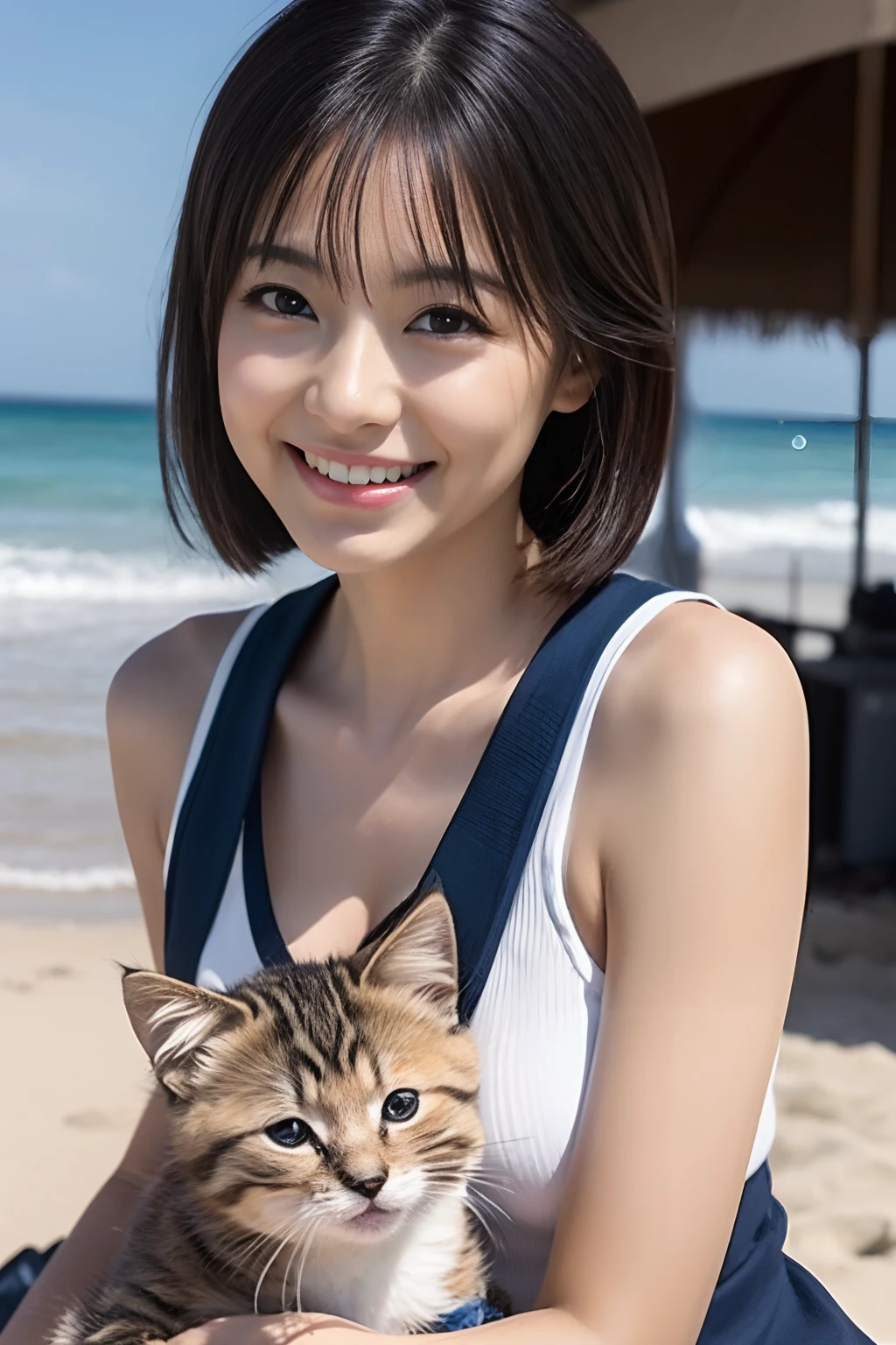 Japan mature woman.Nice round face、Pretty cheerful smile、、Gently hold the kitten on the chest、Kitten sitting on your lap、Open chest clothing without shoulder straps、Cargo pants、Shiny brown hair、huge-breasted、Attractive dynamic sexy pose sitting on seaside sandy beach、Whole human body、Look at viewers、Sun'rays、Cinematic Light、depth of fields、top-quality、