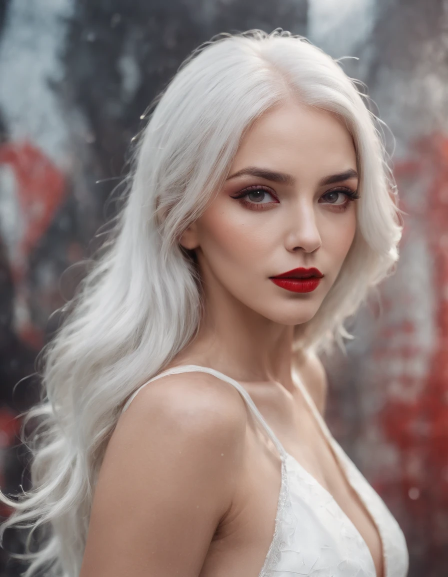 Best Picture Quality,femele,White hair and red eyes,S-shaped body,sitting on a stool,spread their legs,Realistic painting style ,The whole body is naked,Do not wear any clothing,frontage,D-cups
