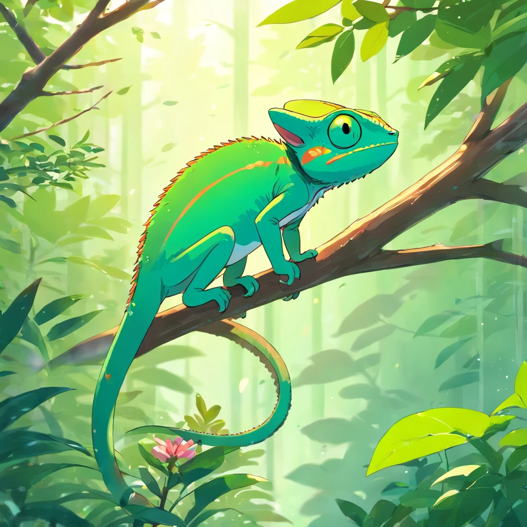 Little cute chameleon hanging on a tree branch。Chameleon has a sad look。The color of the chameleon is the same brown as the branches of the tree。Background in the forest、have green leaves and flowers。