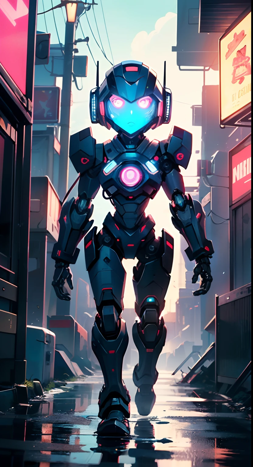(((TV robot with mechanical arms and legs))),
(((tiny little robot))) with ((((TV head)))). He has (((shaped like a cube with mechanical arms and legs))),and a (((screen on his face))) that displays emoticons and coded messages,Strange head, black tv head,detailed TV head,intricate robot,
(((Object_head,televison_head))),
(dynamic pose:1.0),solo focus,(centered,scale to fit dimensions,Rule of thirds),
cyberpunk city by the ocean at night, with bright neon signs and dark stormy clouds and puddles, scenery:1.25,
highres, sharp focus, (ultra detailed, extremely detailed), (photorealistic artwork:1.37),(extremely detailed CG unity 8k wallpaper),((synthwave background theme)),(((vibrant colors))),(intricate background),(masterpiece),(best quality),