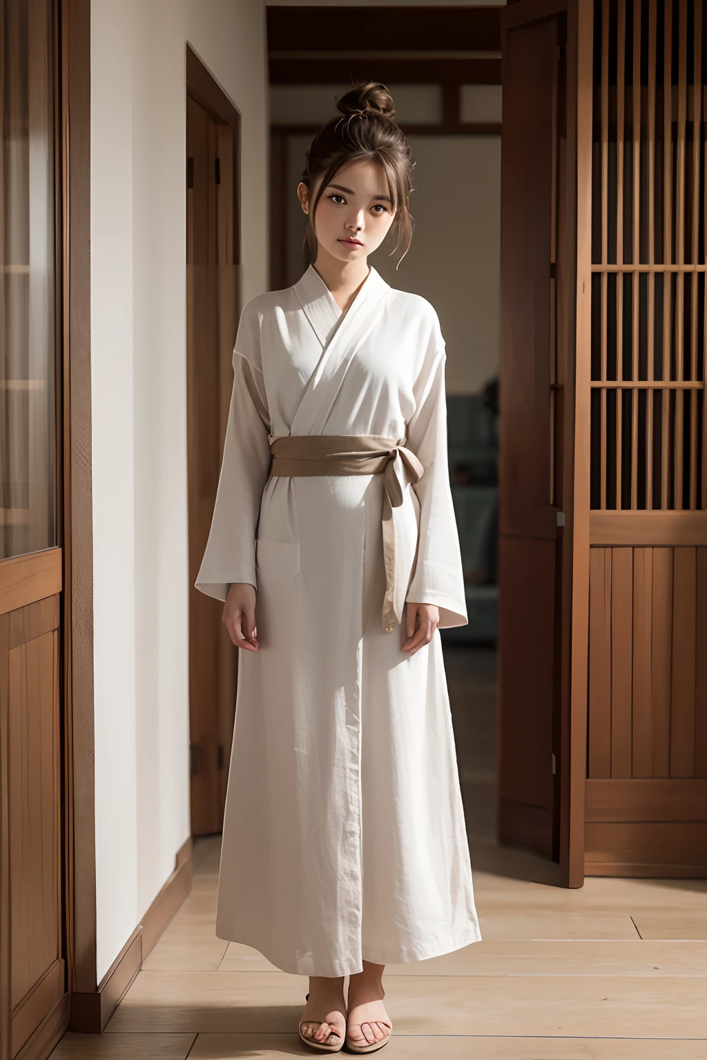 ((Masterpiece,Best quality, high resolution)), 1girll, Solo, The light is gentle，1 girl in a gray yukata，（white sash），((burlap))，（Female prisoners），With a petite figure，brunette color hair，hair-bun，Standing in prison，Stand up，Full body like，streaming tears，Clothing covers the whole body，folds，solid color backdrop，