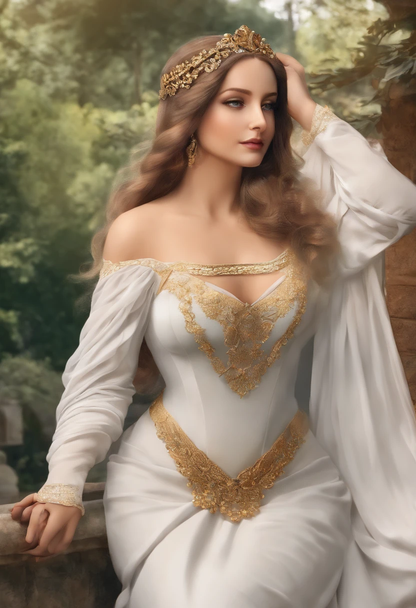 oil painting of (Koh_EmíliaClarke), (cabelos longos:1.1), (Standing on a balcony), (white tunic:1.1), coxas perfeitas, (Castelo de Game of Thrones ao fundo:1.2), Atmospheric Illumination, cinematic composition, arte conceitual, digital illustation, circunstanciado, Arte de Brian M Viveros e Maciej Kuciara e Mark Keathley, luz natural, 4k, alto detalhe, ((olhos perfeitos)), (alunos detalhados), mal iluminado, (cabelos brancos:1.3)