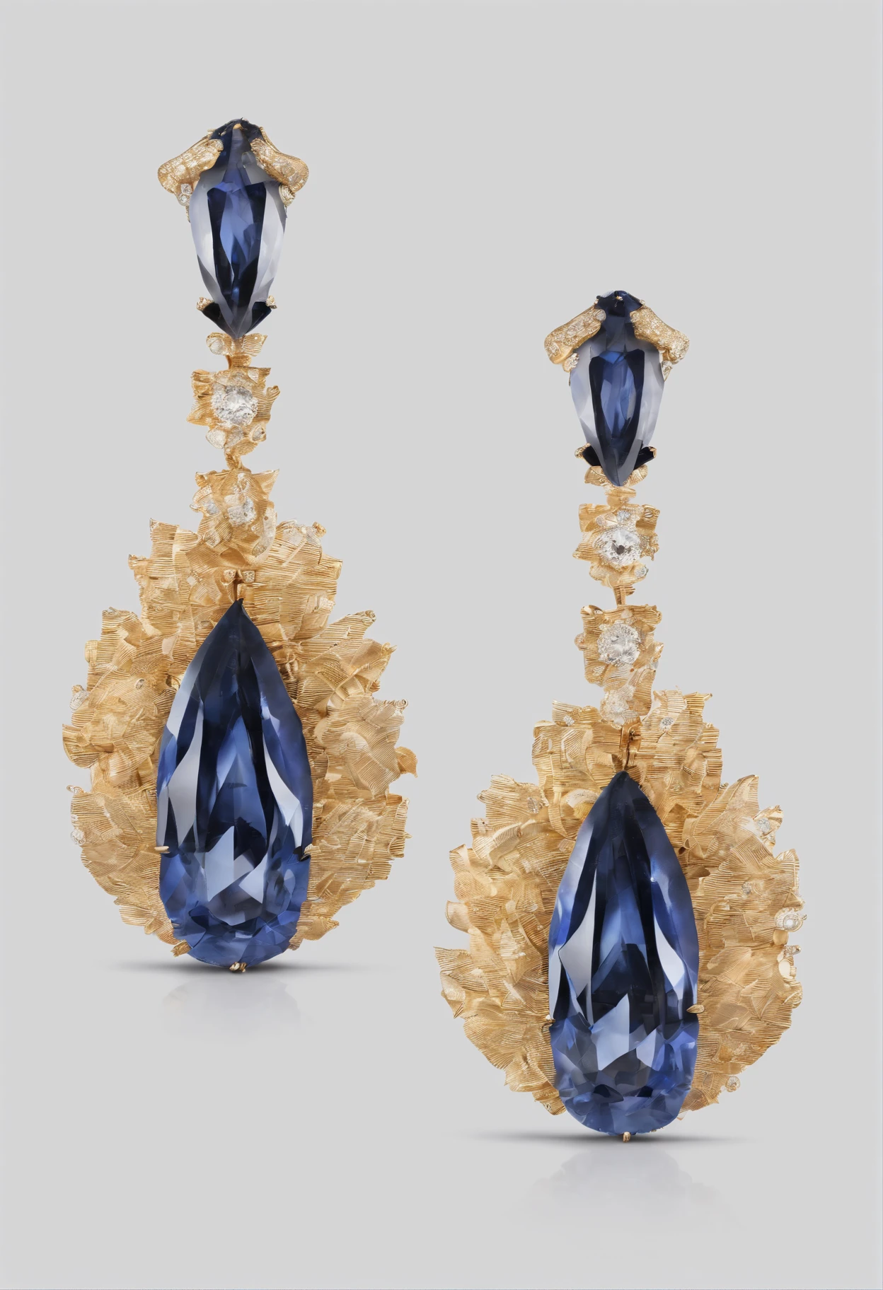 A pair of sapphire earrings on white background, In the style of trompe l'oeil pleats, Light brown and gold, radiation clusters, Dramatic gestures, reuthentic, tooth wu, to contrast