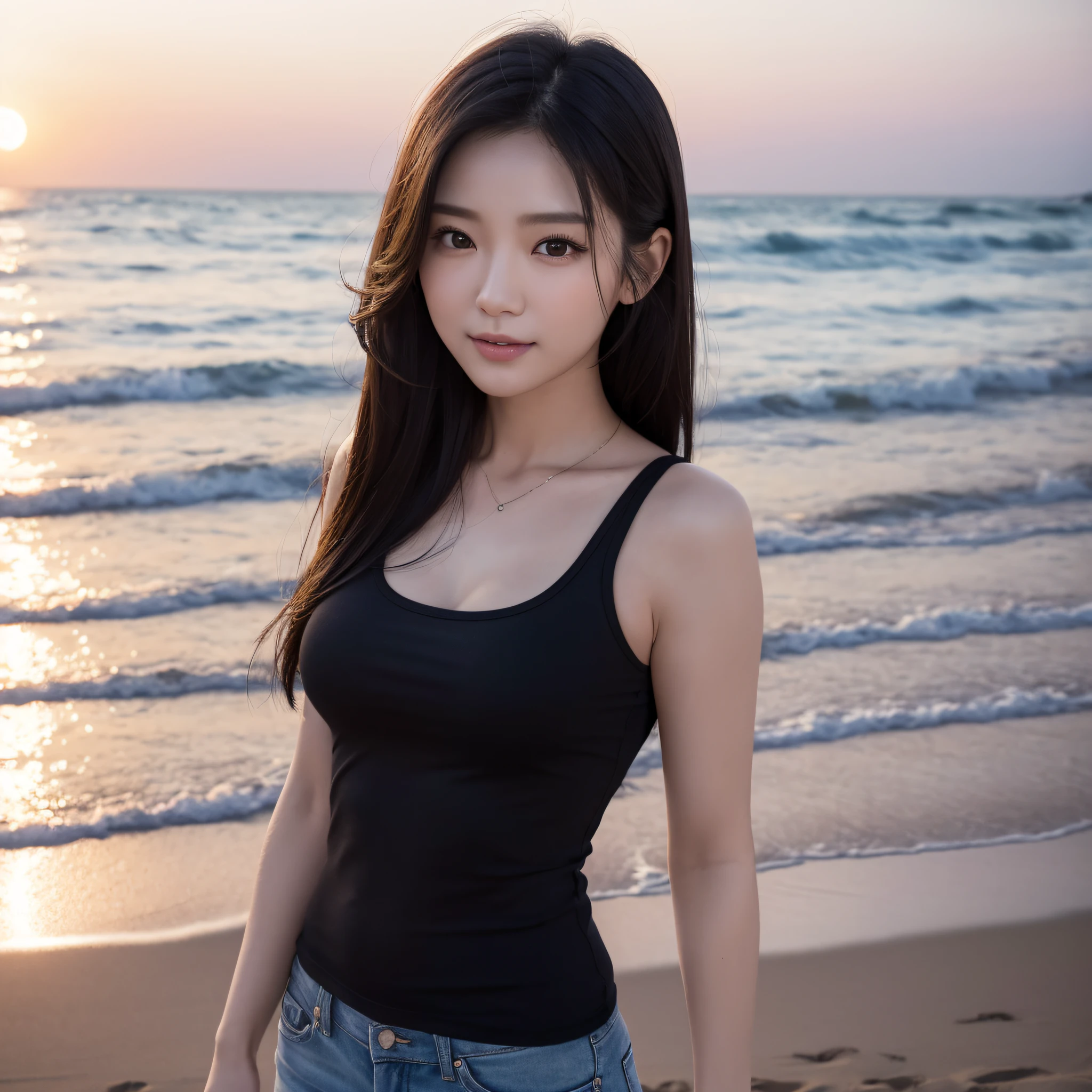 One lady、((best qualtiy、8k masterpieces:1.3))、sharp focus:1.2、(ultra beautiful faces:1.0)、(shinny skin:1.0)、photos realistic、A dark-haired、Video Lighting、High-definition eyes and face、Video Lighting、(Korean Cute Actress)、from the front side、medium breasts、ssmile、Slender Abs Beauty、Whole body、wearing t-shirts、On the beach at night