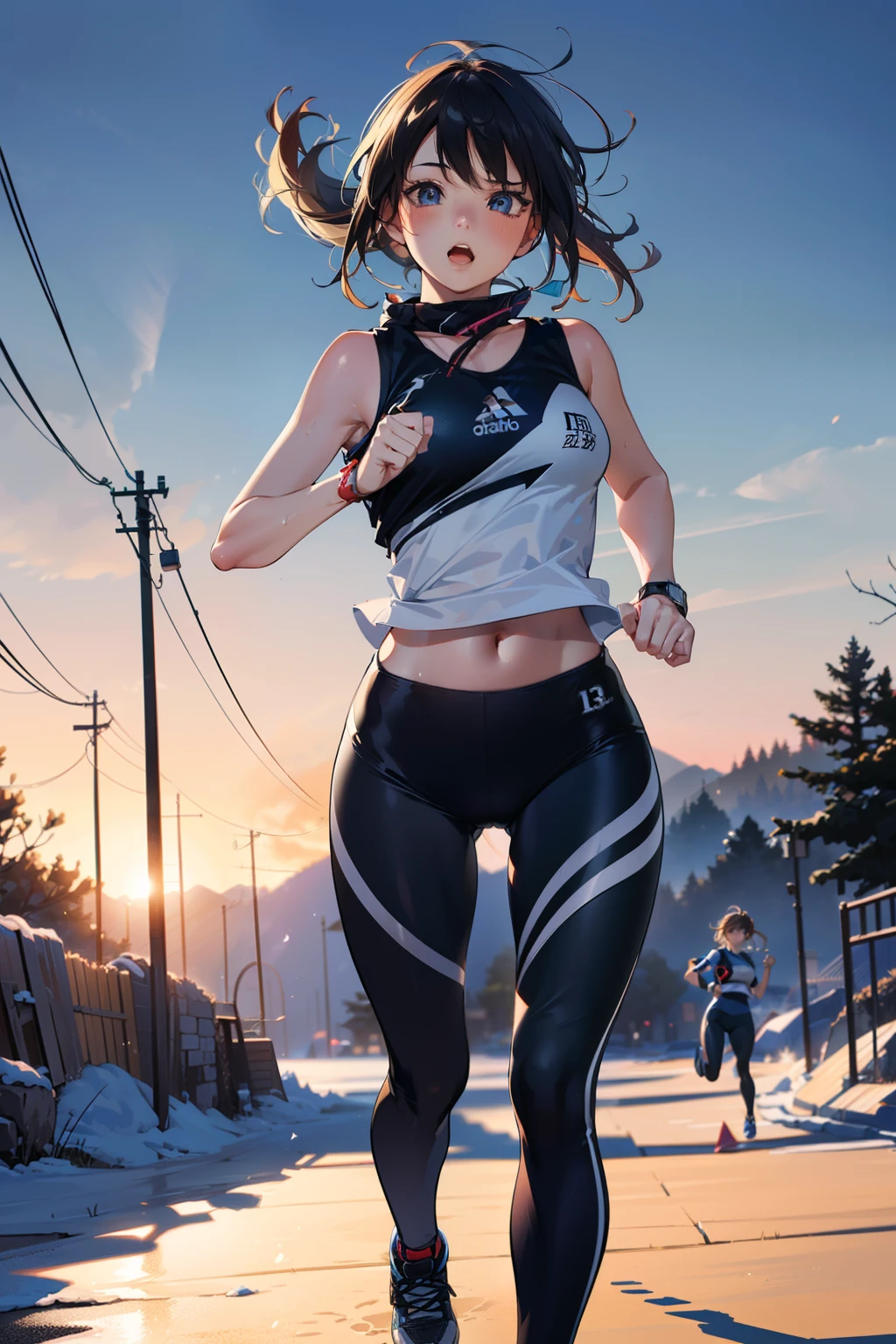 1 girl, (matured woman running field fast:1.3, trekking:1.2), wearing white sports leggings and sports tank tops, (fine detailed eyes, super detailed face), (ultra high resolution, 8K RAW photo, super realistics, textile shading), outdoor, ((correct anatomy:1.37)), center image, front view, dynamic angle,