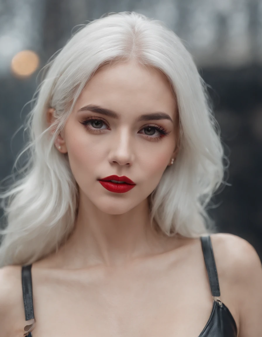 ultra wide angle shot,cinematic style,8k,RAW photo,photo-realistic,masterpiece,best quality,highres,extremely detailed,intricate details,absurdres resolution,High quality texture,detailed texture,professional lighting,radiosity,photon mapping,physically-based rendering,High quality shadow,Ray tracing,perfect body,perfect face,hdr,hot girl,makeup,red lips,sexy,studded bracelets,white hair,,(leather :1.1),sharp edges,with heavy fog in air,Graffiti wall,water vapor,stylish pose,strappy heels,