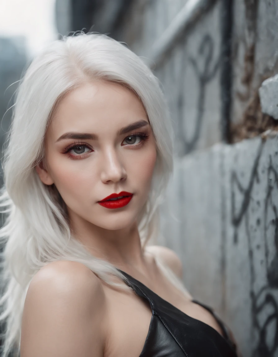 ultra wide angle shot,cinematic style,8k,RAW photo,photo-realistic,masterpiece,best quality,highres,extremely detailed,intricate details,absurdres resolution,High quality texture,detailed texture,professional lighting,radiosity,photon mapping,physically-based rendering,High quality shadow,Ray tracing,perfect body,perfect face,hdr,hot girl,makeup,red lips,sexy,studded bracelets,white hair,,(black leather :1.1),sharp edges,with heavy fog in air,Graffiti wall,water vapor,stylish pose,strappy heels,upper body,