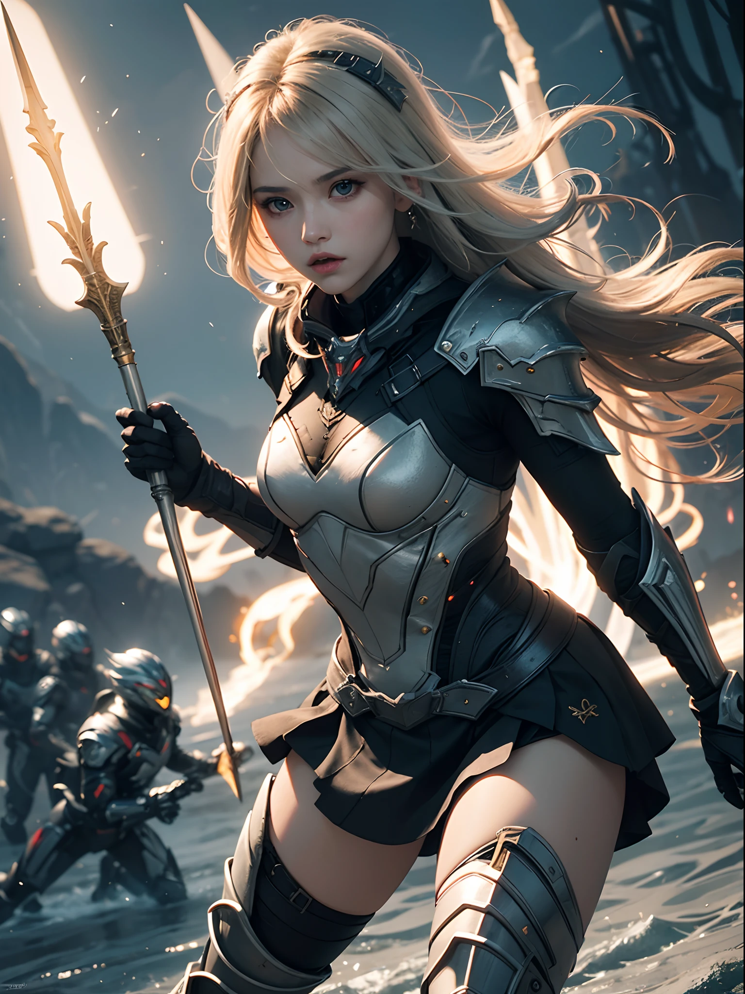 Unbeatable masterpiece, Ultra photo realsisim, Perfect artwork, Intricate details, Best quality, Strong light , High contrast, Dynamic pose, Dutch angle , Ultra-high resolution , Character resolution is preferred , A girl , Fair and fine hair , shinning eyes , A fierce-eyed , White warframe skirt , The delicately textured armor holds a spear , Spear with thick stick, Glowing Spear , Spear with lightning white light effect , Spear with white light effect, Rush to sprint , dynamic blur , The momentum exploded outward ,