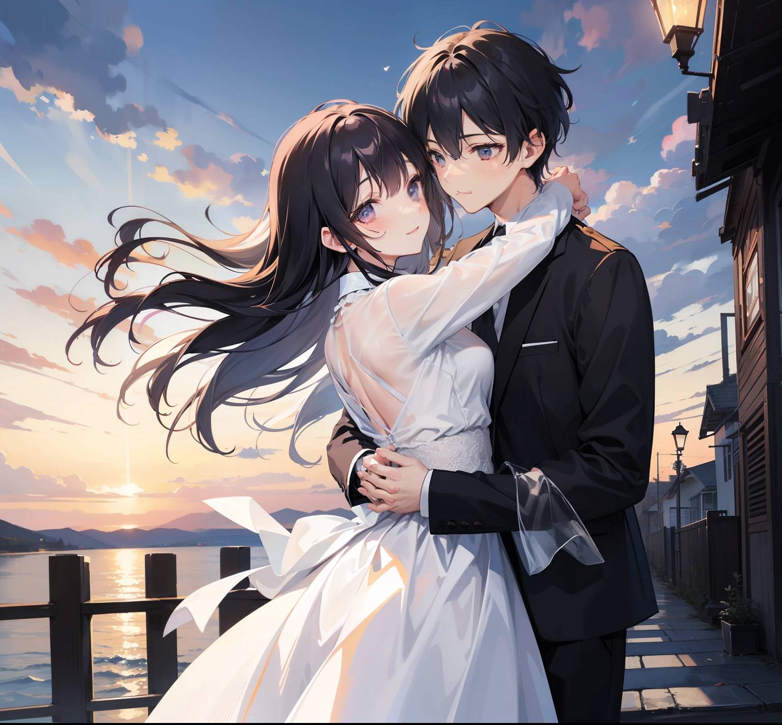 A_couple,boy_hug_girl_from_behind,happy,romantic_atmosphere,landscape