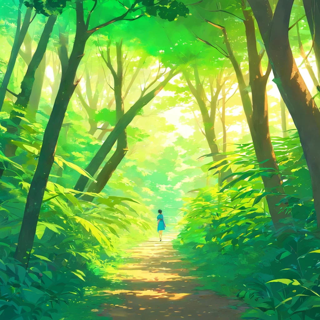 Chameleon descending from a tree branch、Walking along a path in the forest。