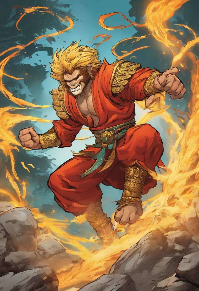 Monkey King in battle ::3 epic battle scenes, actionpacked, Dynamic composition ::2 Strong light illumination, Dramatic shadows, strong contrasts ::1 Martial arts poses, Agile movements, Acrobatic fighting style ::1 Whirlwind, Flying debris, energy blast