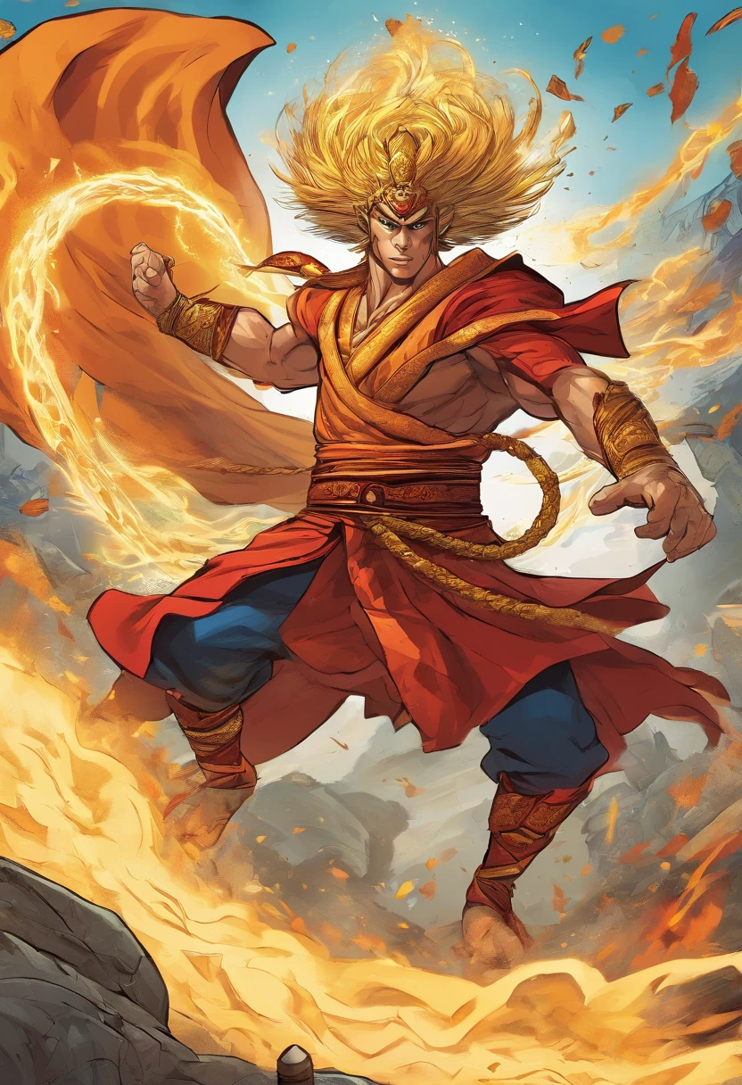 Monkey King in battle ::3 epic battle scenes, actionpacked, Dynamic composition ::2 Strong light illumination, Dramatic shadows, strong contrasts ::1 Martial arts poses, Agile movements, Acrobatic fighting style ::1 Whirlwind, Flying debris, energy blast