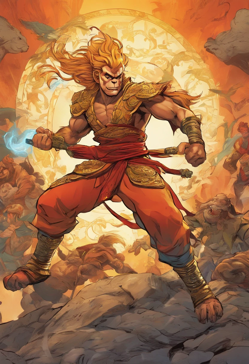 Monkey King in battle ::3 epic battle scenes, actionpacked, Dynamic composition ::2 Strong light illumination, Dramatic shadows, strong contrasts ::1 Martial arts poses, Agile movements, Acrobatic fighting style ::1 Whirlwind, Flying debris, energy blast