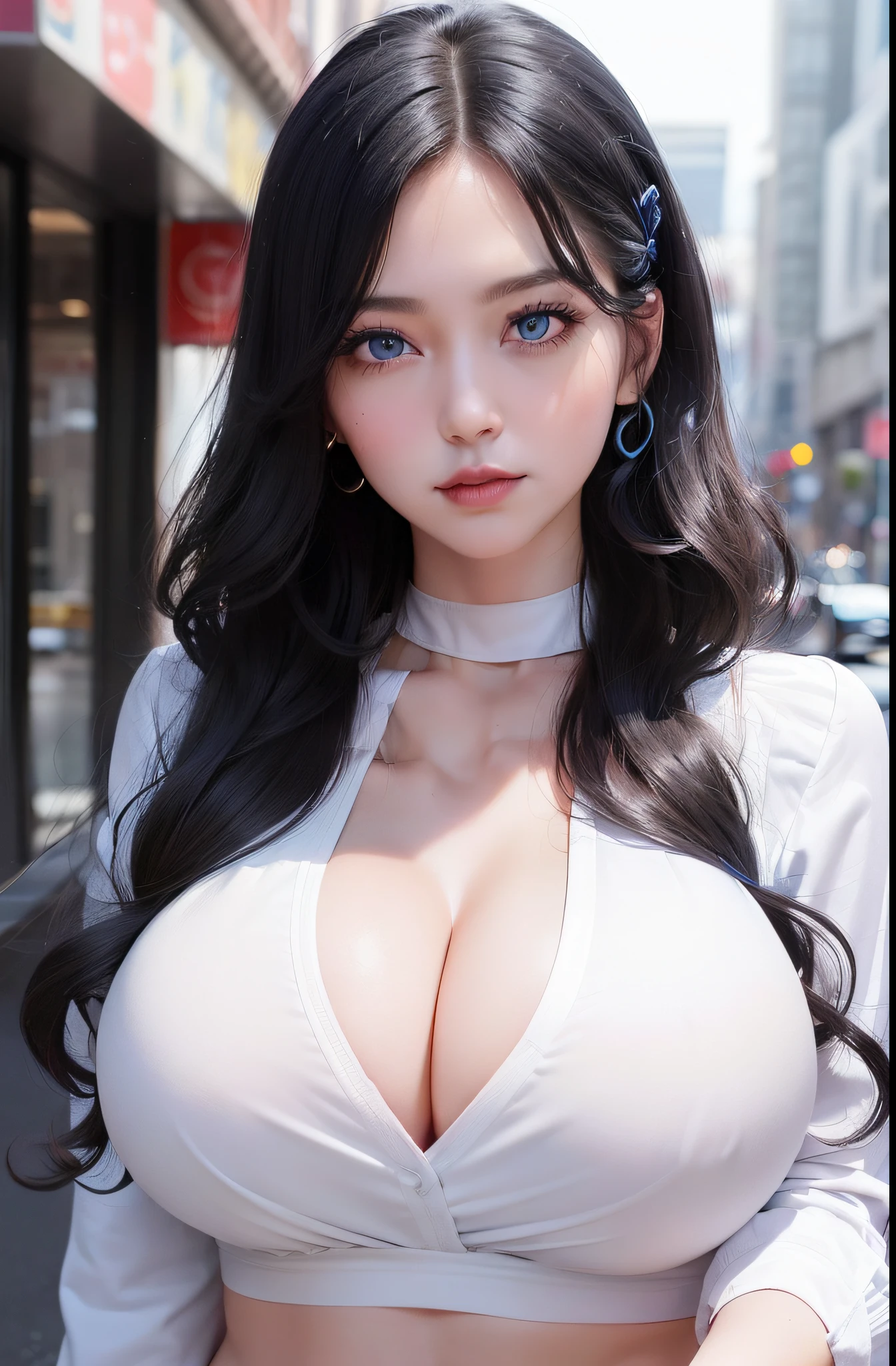 Female((30year old)), hair((long, wavy, black)), eyes((smart eyes,blue eyes contact)), clothes((white shirts, high waist panties)), accessories ((hair clip, chocker)), ponytail, big boobs: 1.3, gigantic breast:1.2, korean make-up look, cleavage, streets, night town, smiling,
