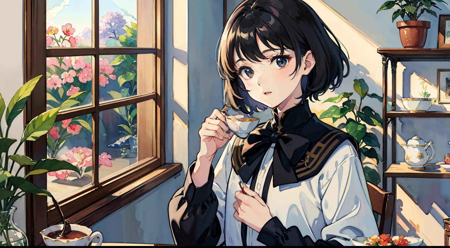 ((Watercolor by singer Sargent))、(top-quality、masterpiece)、1girl in、sixteen years old、A stunning、Short black hair、Black eyes、tiny chest、校服、long skirt、glasshouse、Flower Shop、The table、florals、tea set、window、aquarium、houseplant、 The tree,Soft light、