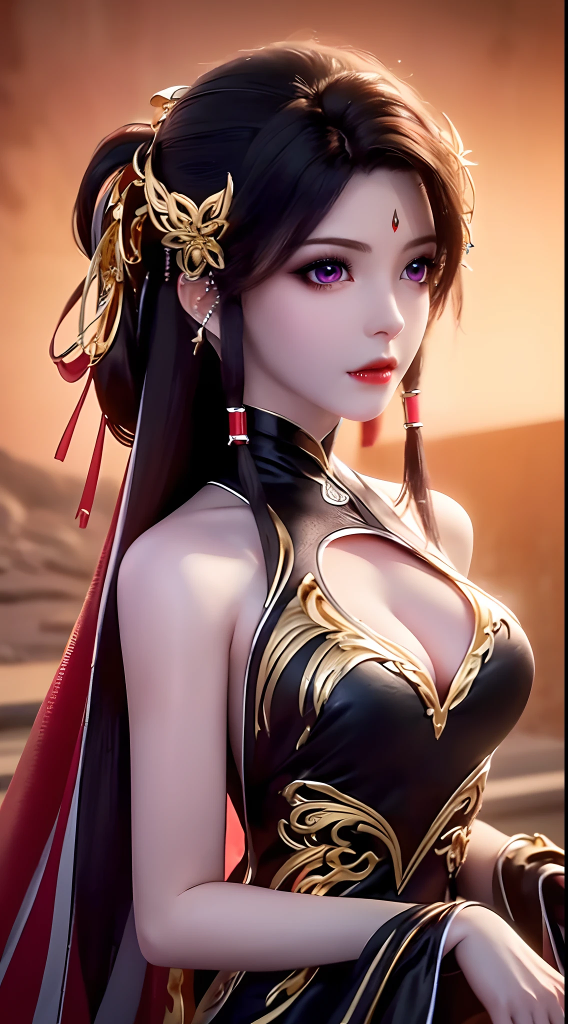 "A very beautiful girl from the abyss, a girl with magical beauty, ((wearing a black dress with gold trim:1.8)), black dress that hugs the body, historical style costumes,  ancient style, jet black curly hair, the most beautiful and detailed hair jewelry, jewelry on the feet, beautiful little face thin eyebrows, the most beautiful and spotless face, ((black iris:0.8)), the very beautiful eyes, big round eyes, ((purple color eyes:1.1)), fine and detailed makeup eyelashes, high nose, wearing earrings, small red lips, rosy face, clean face, beautiful face without blemish, smooth white skin, ((:1.2)), Blums , ((big and super round :1.5)), ((super tight :1.2)), (( augmentation:1.5)), beautiful , slim and petite body, ((thin waist: 0.9)), frontal portrait of a beautiful girl, , skirt, fishnet stockings color coordinated according to the outfit, pose elegantly, elegantly, and politely, 8k photo, super high quality, super realistic, 10x super pixels, photo realistic, dark studio, border light, two tone light, (detailed skin high: 1.2), 8k uhd, dslr, soft light, high quality, volumetric light, candid, Photo, high resolution, light, best photo, 4k quality, 8k, Bokeh, Smooth and sharp, pixel up 10 times, lightning, super graphics, the most realistic graphics, ((Dark and sinister fortress background:1.4)), 1 girl, alone, solo, (((frontal portrait:1.tremely sharp, super realistic images,"