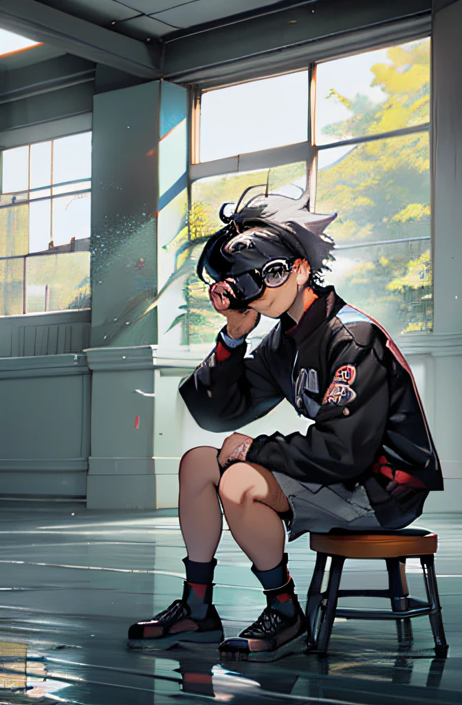 An anime boy from the digital media department，sitting on a stool，Bring VR glasses，Handheld video camera，Reflected in an empty and artistic interior room，A drone floats overhead，There are cluttered easels on the floor、Painting tools such as brushes，rendering，Anime 4K，k hd，The background is bright，plethora of colors