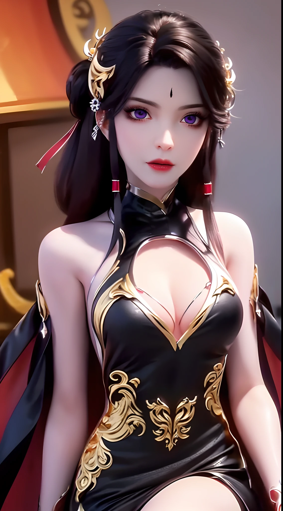 "A very beautiful girl from the abyss, a girl with magical beauty, ((wearing a black dress with gold trim:1.8)), black dress that hugs the body, historical style costumes, sexy ancient style, jet black curly hair, the most beautiful and detailed hair jewelry, jewelry on the feet, beautiful little face thin eyebrows, the most beautiful and spotless face, ((black iris:0.8)), the very beautiful eyes, big round eyes, ((purple color eyes:1.1)), fine and detailed makeup eyelashes, high nose, wearing earrings, small red lips, rosy face, clean face, beautiful face without blemish, smooth white skin, ((big breasts:1.2)), Blums boobs, ((big and super round breasts:1.5)), ((super tight breasts:1.2)), ((breast augmentation:1.5)), beautiful breasts, slim and petite body, ((thin waist: 0.9)), frontal portrait of a beautiful girl, sexy girl, skirt, fishnet stockings color coordinated according to the outfit, pose elegantly, elegantly, and politely, 8k photo, super high quality, super realistic, 10x super pixels, photo realistic, dark studio, border light, two tone light, (detailed skin high: 1.2), 8k uhd, dslr, soft light, high quality, volumetric light, candid, Photo, high resolution, light, best photo, 4k quality, 8k, Bokeh, Smooth and sharp, pixel up 10 times, lightning, super graphics, the most realistic graphics, ((Dark and sinister fortress background:1.4)), 1 girl, alone, solo, (((frontal portrait:1.5))), Extremely sharp, super realistic images,"