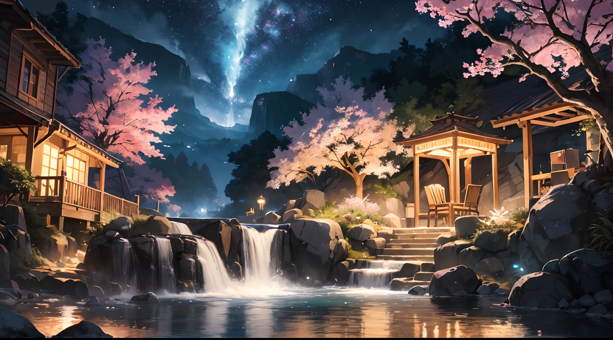 (at night), Masterpiece, best quality, (very detailed CG unified wallpaper 8k) (best quality), (best illustration), (best shadow) Vivid colors, jungle, water, natural beauty, oasis of tranquility, cherry blossoms, super detailed, antique porcelain, jade, starry sky, , ray tracing, super detailed, masterpiece, best quality, ultra quality, absurd details, best light, best shadow, sharp, sharp picture,  detailed, extremely detailed, high resolution, 8k, 4k, uhd, volumetric, bright sprite, (particle effects), (night) --v6