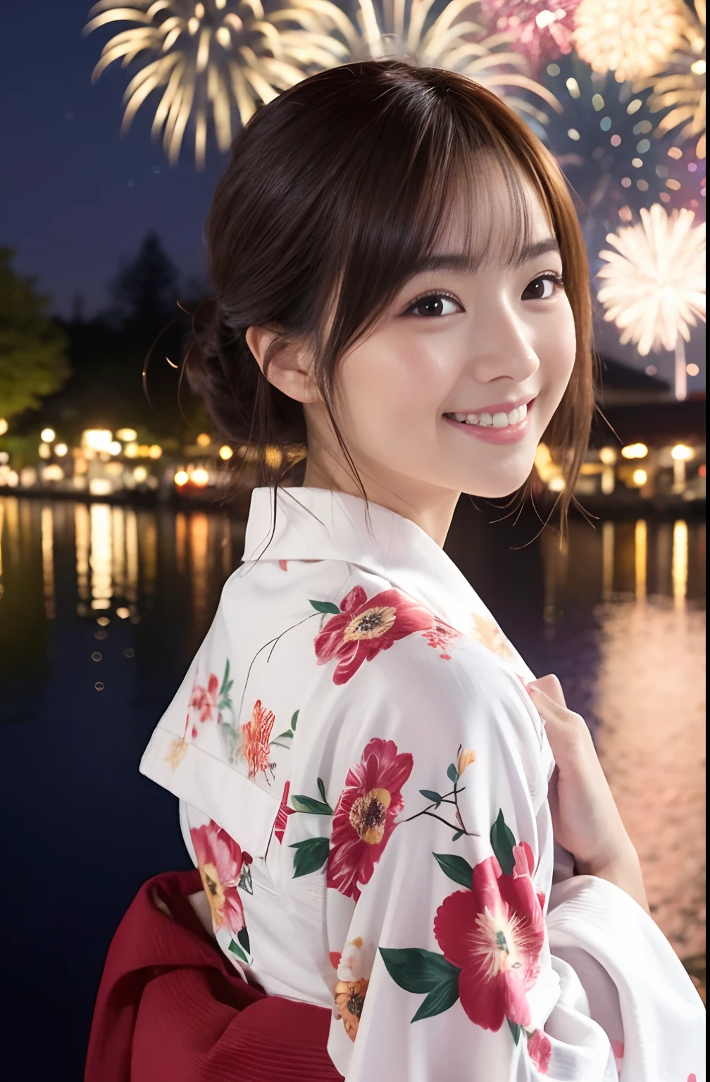 Beautiful Japan idol girl、A smile、Looking back wearing a floral yukata on white fabric、Fireworks in the sky on riverbank background at night、Cute round face,Brown and burgundy two-tone hair、Extreme close-up face、masterpiece,8th class,beautifull hands,Beautiful Finger,ultra-realistic full body photos,