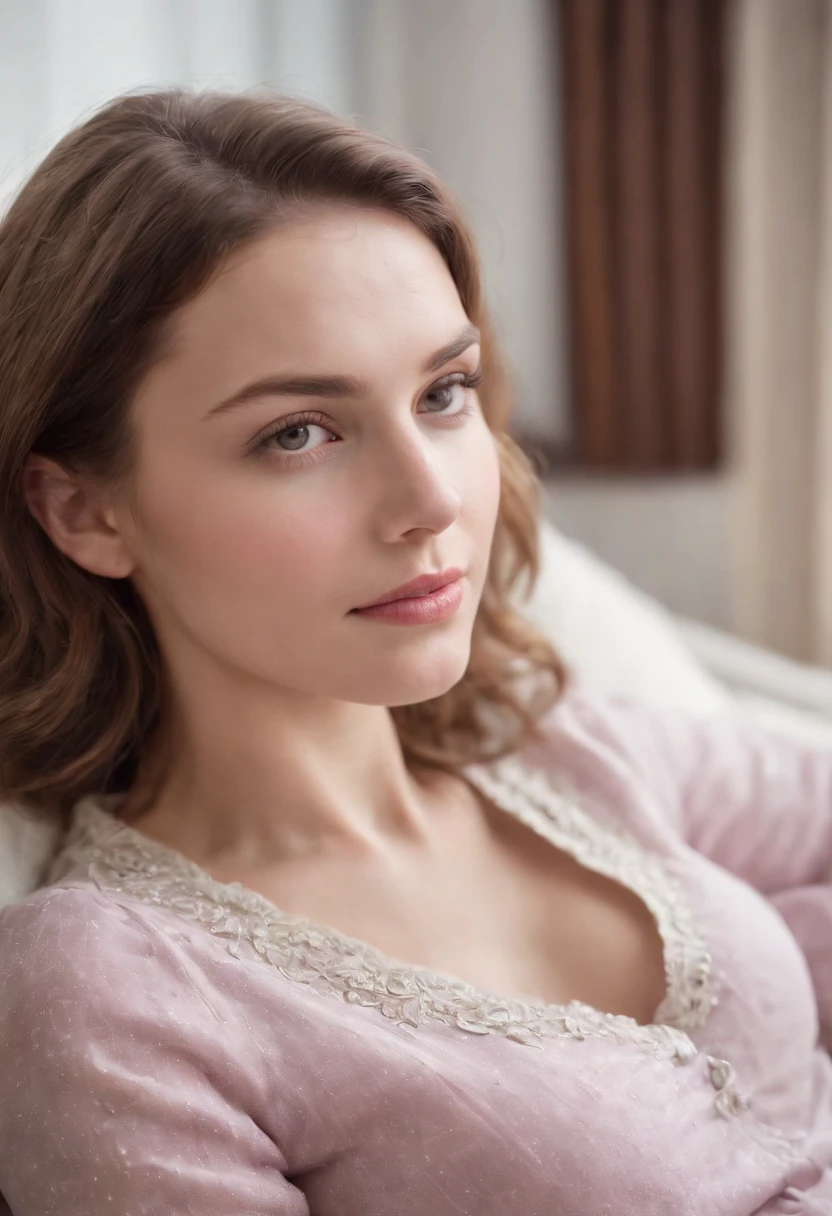 young woman laying on armchair stocksy united i40001, in the style of light magenta and light gray, calm and meditative, barbizon school, exaggerated facial features, light brown and white, happycore, emotional sensitivity