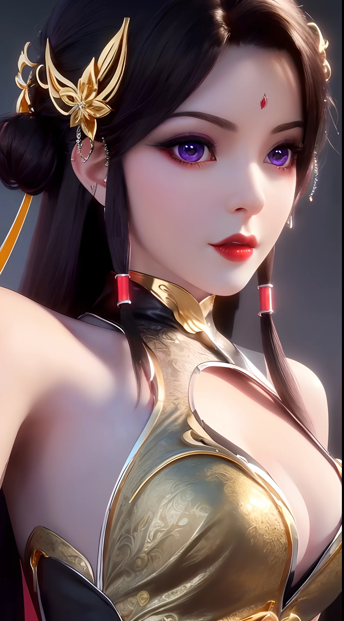 "A very beautiful girl from the abyss, a girl with magical beauty, ((wearing a black dress with gold trim:1.8)), black dress that hugs the body, historical style costumes, sexy ancient style, jet black curly hair, the most beautiful and detailed hair jewelry, jewelry on the feet, beautiful little face thin eyebrows, the most beautiful and spotless face, ((black iris:0.8)), the very beautiful eyes, big round eyes, ((purple color eyes:1.1)), fine and detailed makeup eyelashes, high nose, wearing earrings, small red lips, rosy face, clean face, beautiful face without blemish, smooth white skin, ((big breasts:1.2)), Blums boobs, ((big and super round breasts:1.5)), ((super tight breasts:1.2)), ((breast augmentation:1.5)), beautiful breasts, slim and petite body, ((thin waist: 0.9)), frontal portrait of a beautiful girl, sexy girl, skirt, fishnet stockings color coordinated according to the outfit, pose elegantly, elegantly, and politely, 8k photo, super high quality, super realistic, 10x super pixels, photo realistic, dark studio, border light, two tone light, (detailed skin high: 1.2), 8k uhd, dslr, soft light, high quality, volumetric light, candid, Photo, high resolution, light, best photo, 4k quality, 8k, Bokeh, Smooth and sharp, pixel up 10 times, lightning, super graphics, the most realistic graphics, ((Dark and sinister fortress background:1.4)), 1 girl, alone, solo, (((frontal portrait:1.5))), Extremely sharp, super realistic images,"