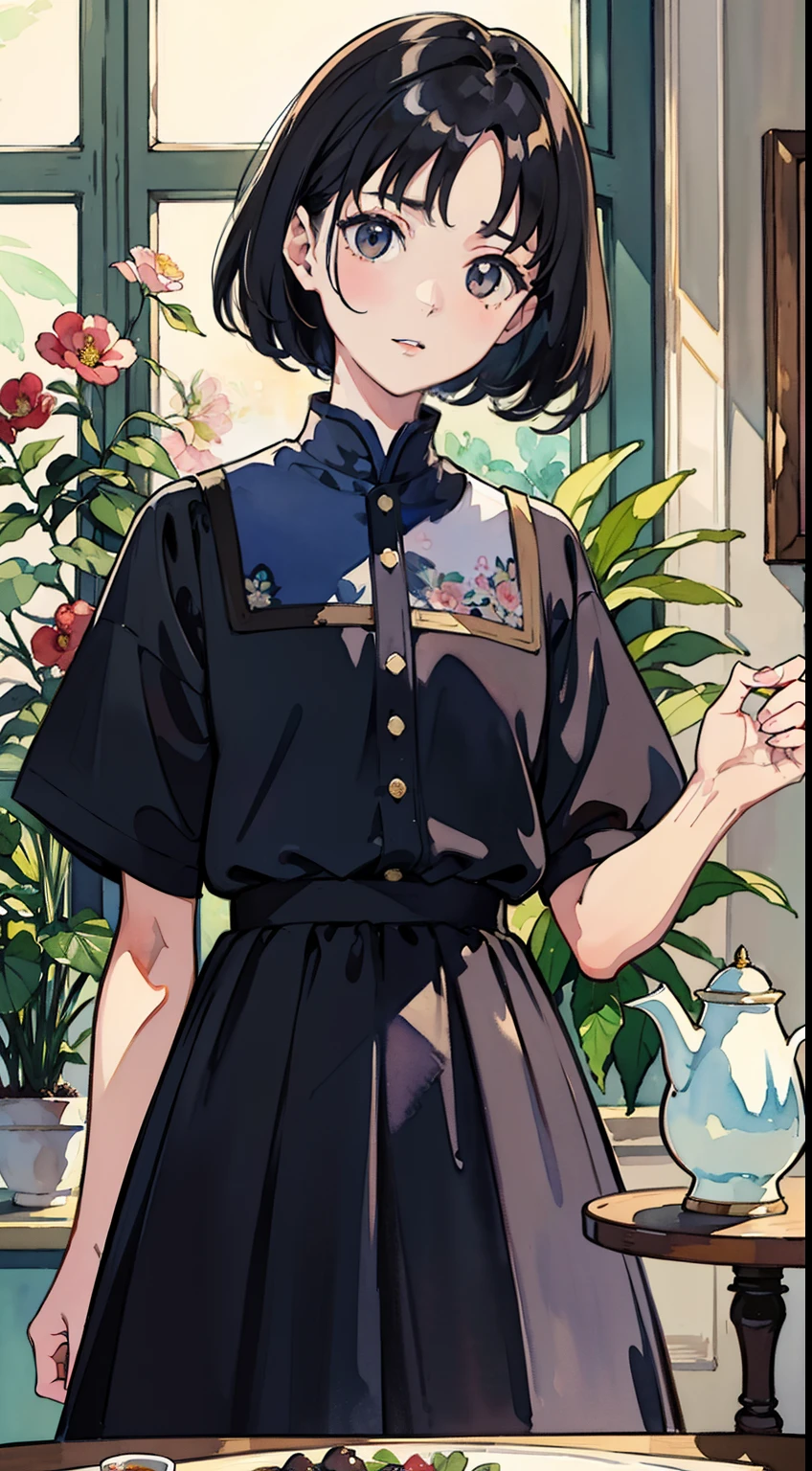 ((Watercolor by singer Sargent))、(top-quality、​masterpiece)、1girl in、sixteen years old、A stunning、Short black hair、Black eyes、tiny chest、校服、long  skirt、study、Flower Shop、The table、florals、tea set、window、aquarium、houseplant、 The tree,Soft light、