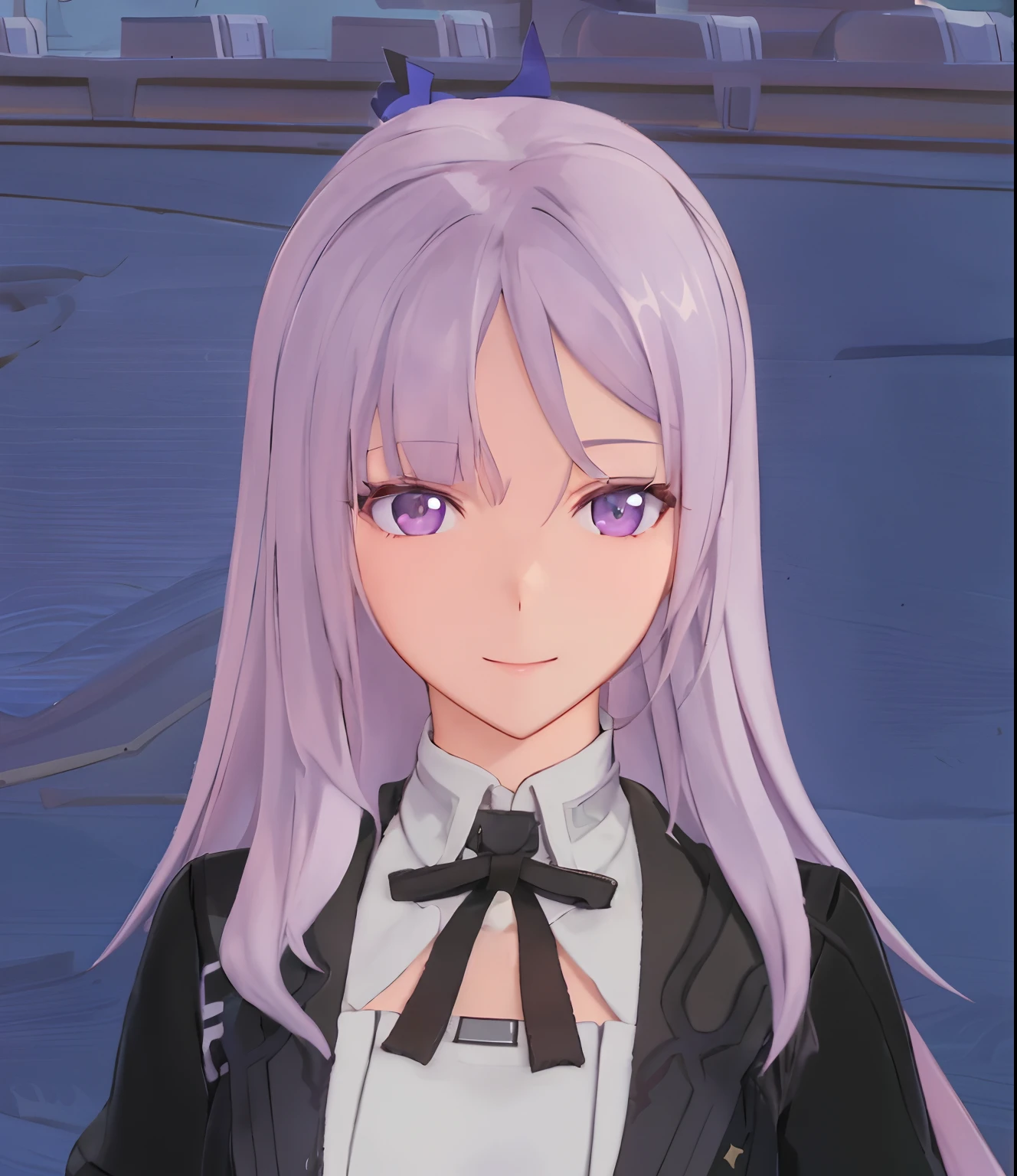 Anime girl with long hair and purple eyes standing in front of a building, Impacto de Ayaka Genshin, Do videogame Azur Lane, ligeiramente sorridente, modelo live2d youtuber virtual, Personagem close up, Personagem de close up, close up de uma jovem garota de anime, personagem principal, muito ligeiramente sorridente, sorriso roguish, Estilo de pista Azur