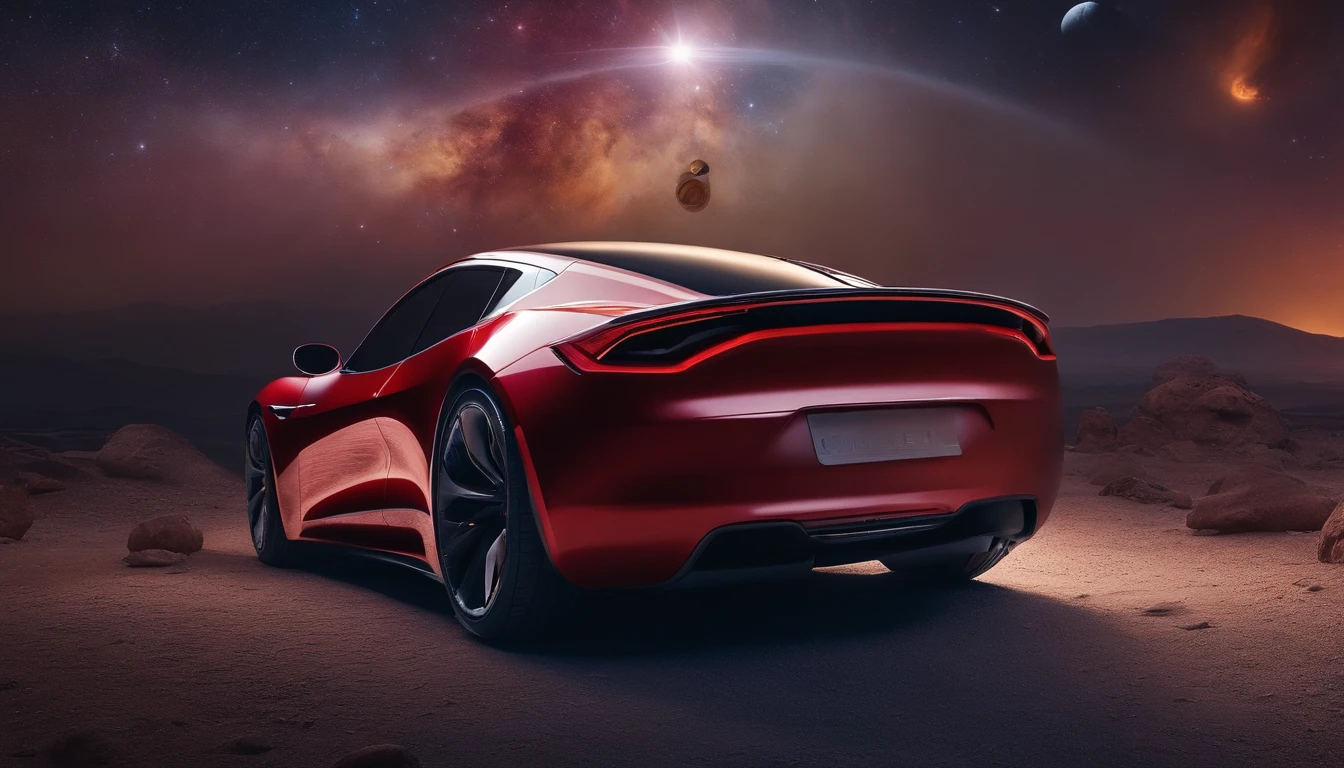 Qualidade de filme 4K,Film compositions,texturas finas,Base em Marte,Astronautas tocando guitarra, A cherry red Tesla Roadster floating in space WITH A GUY WITH SPACE TRAGE STANDING AT A SPACE-STYLE GAS STATION TO FUEL EM UM PLANETA FUTURISTICO NO ESPAÇO, ABASTECENDO, CEU ROXO E 2 PLANETAS VISIVEIS, UM ASTRONAUTA DENTRO DO CARRO DIRIGINDO