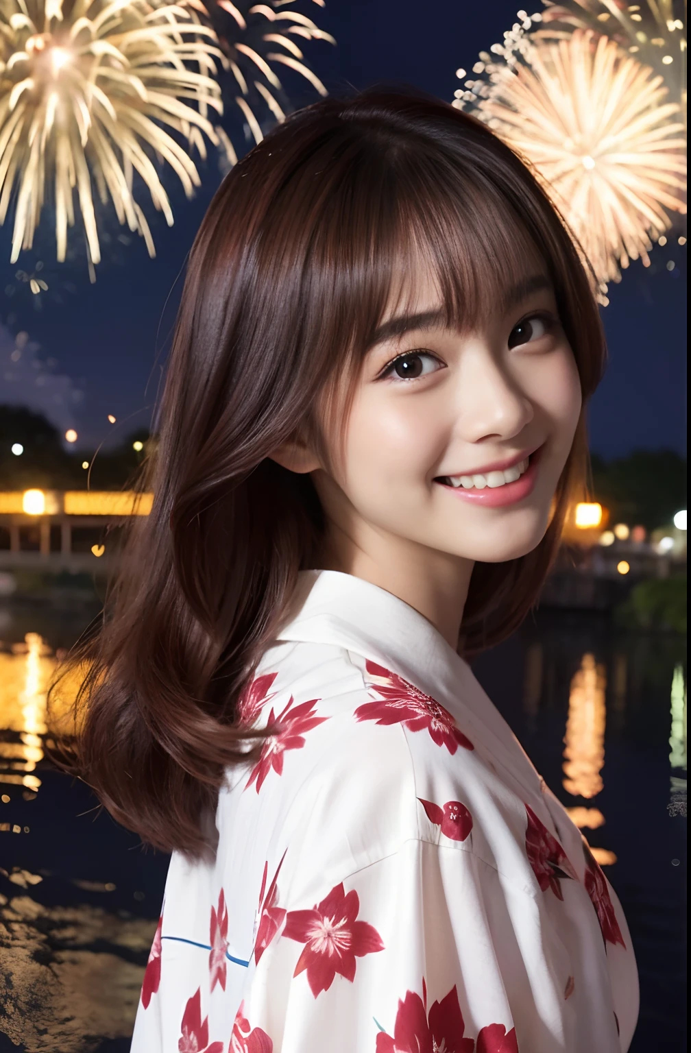 Beautiful Japan idol girl、A smile、Looking back wearing a floral yukata on white fabric、Fireworks in the sky on riverbank background at night、Cute round face,Brown and burgundy two-tone hair、Extreme close-up face、masterpiece,8th class,beautifull hands,Beautiful Finger,ultra-realistic full body photos,