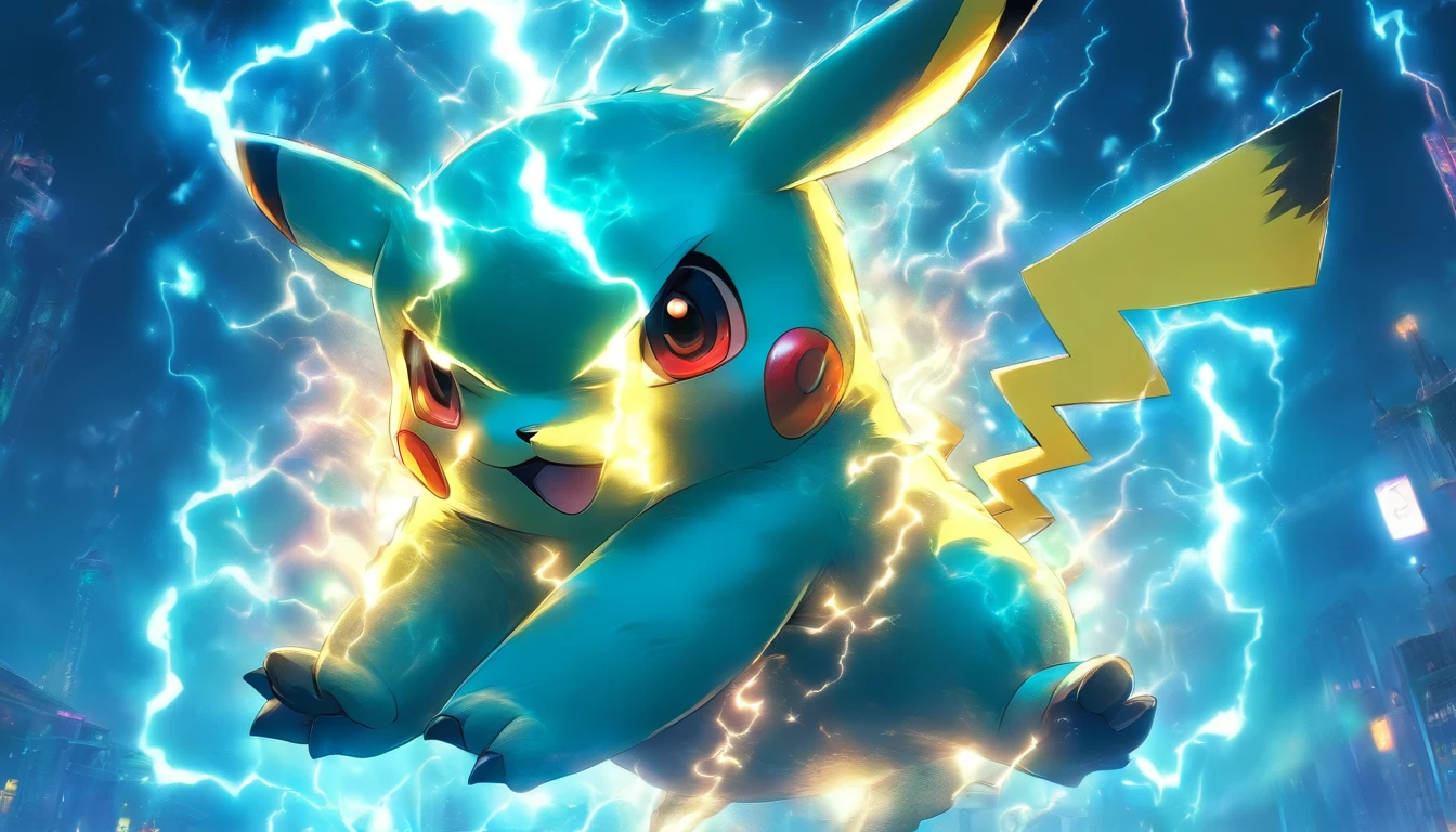 A cool pikachu, in the style of anime art, turquoise, , chromepunk, ferrania p30, social media portraiture, victor nizovtsev, fluorescent, holographic, diamond luster, metallic
texture, exaggerated expressions and movements, lookingat viewer, Super Details, bright light, precision mechanical parts,
close-up intensity, ultra-detailed, Surrounded by lightning, black background, psychedelic --niji 5 --ar 9:16