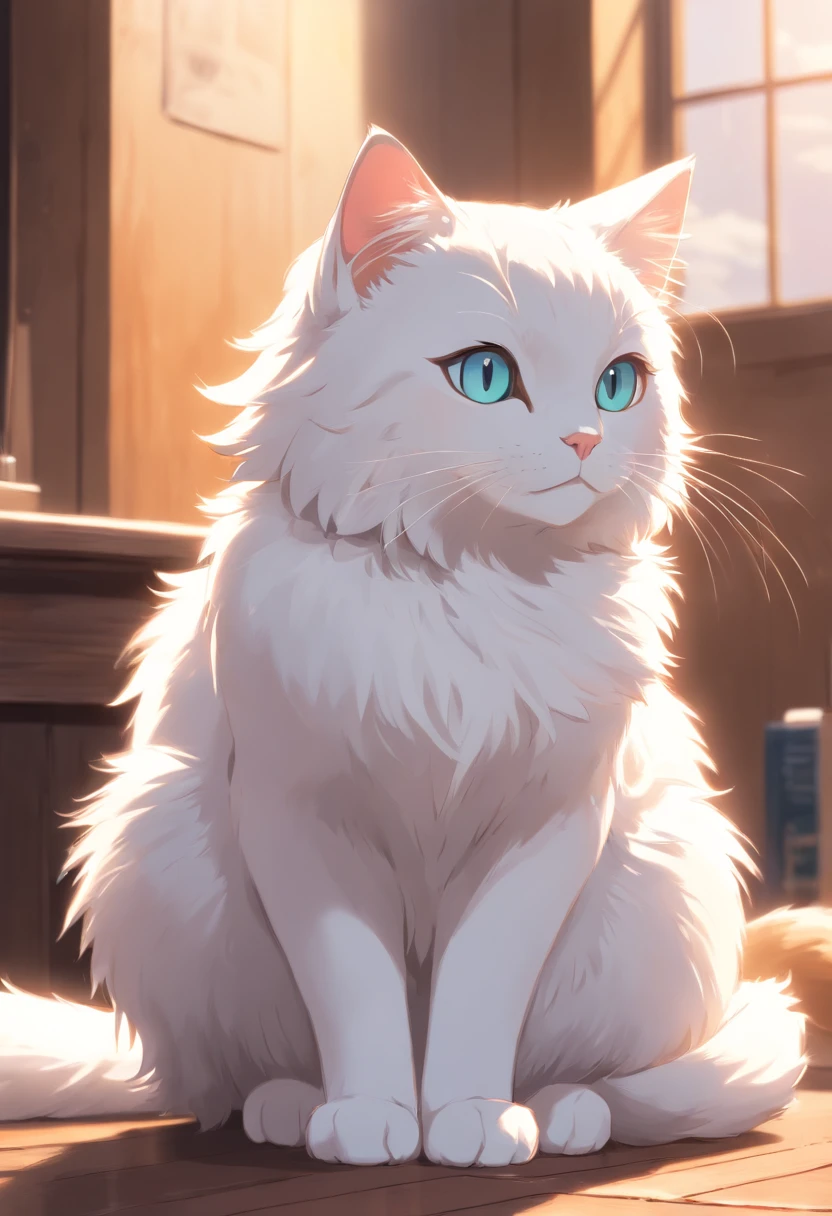 Creating a super high-quality image of a white cat with heterochromia, long fur, a cool and dignified stance, and standing. We will employ advanced macro photography techniques to emphasize the intricate details of the cat's complex fur and capture classic cat poses. Placing the camera at the eye level of the cat, we aim to establish an intimate connection between the viewer and the subject. To enhance the texture and contours of the cat's body, we will improve the lighting. Capturing the cat in a relaxed, balanced posture that showcases its flexibility and grace, we'll attempt to seize the moment in natural motion and enhance the image's clarity. This will result in a cute, detailed digital artwork of a standing anime cat with beautiful, realistic anime-style visuals, suitable for 4K anime art wallpapers.