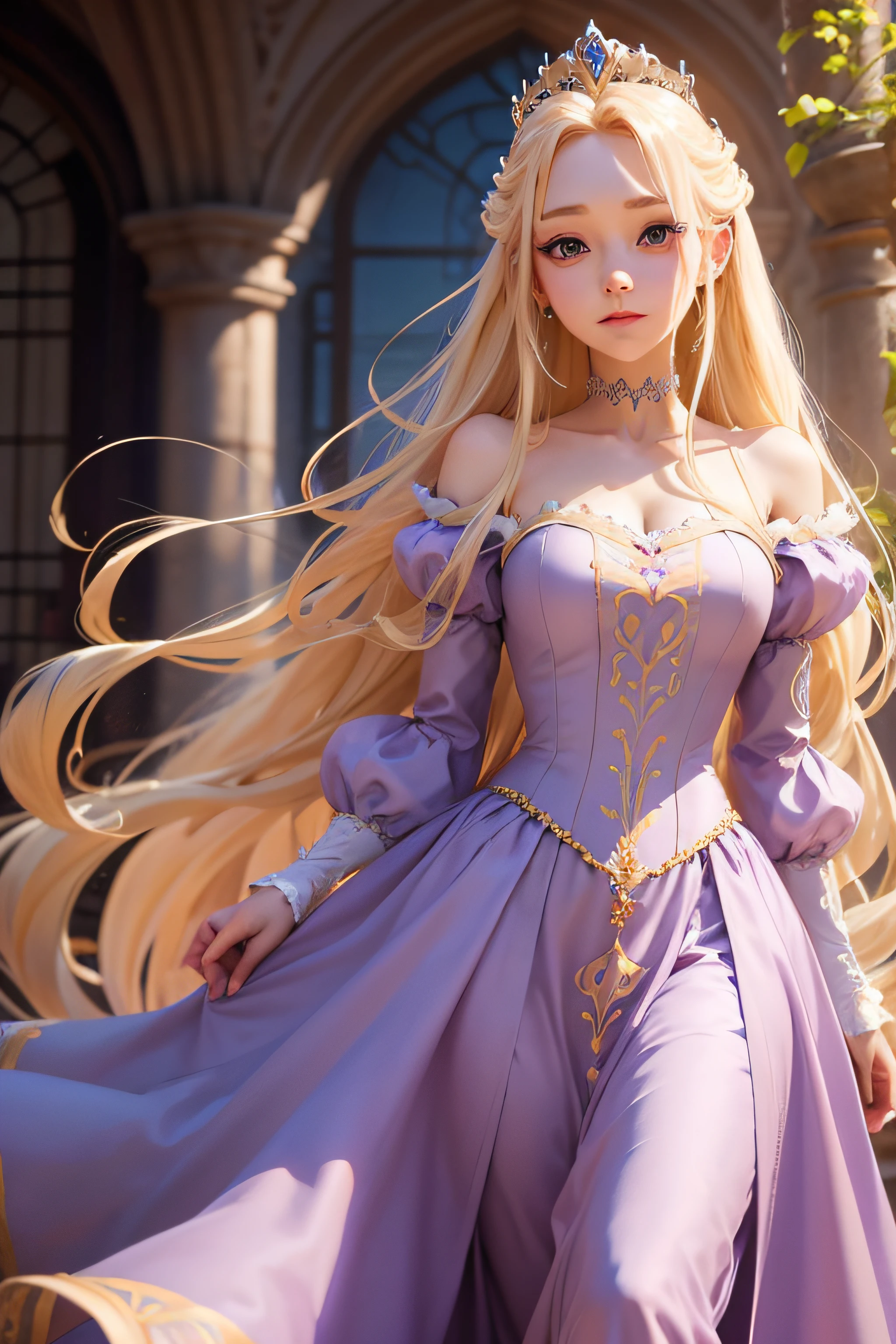 Princess blonde dress lilac hair very long style rapunzel