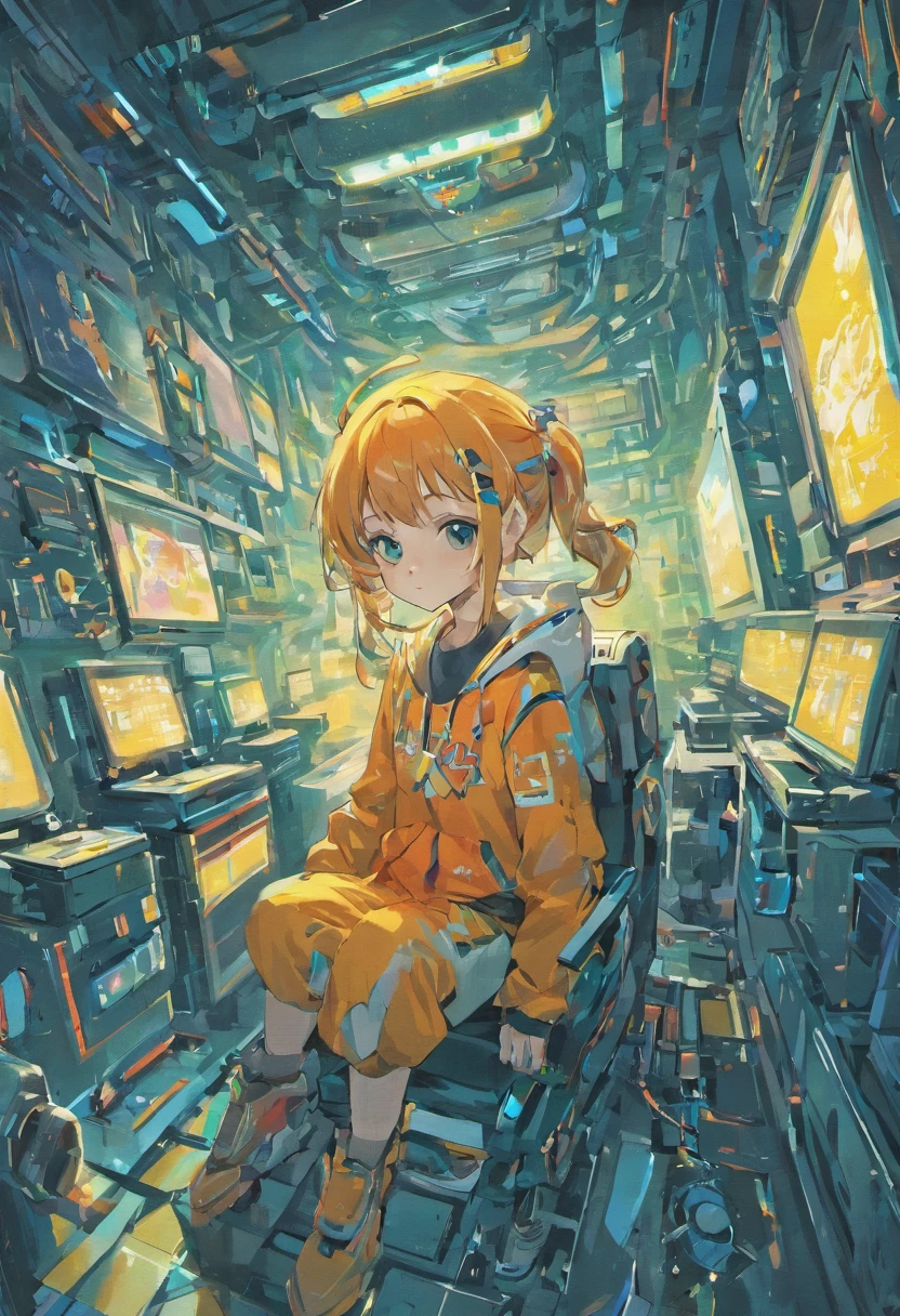 An isometric illustration of a student sitting relaxed in a futuristic school with robot teachers, Obra figurativa emotiva, redondeado, Uniformemente escenificado, color naranja pastel, fondo blanco, con pelo de color blanco,