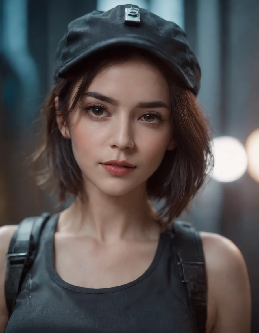 Beautiful woman medium hair, wearing cap, cyberpunk style short clothesBeautiful woman medium hair, wearing cap, cyberpunk style short clothes