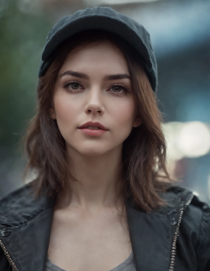 Beautiful woman medium hair, wearing cap, cyberpunk style short clothesBeautiful woman medium hair, wearing cap, cyberpunk style short clothes