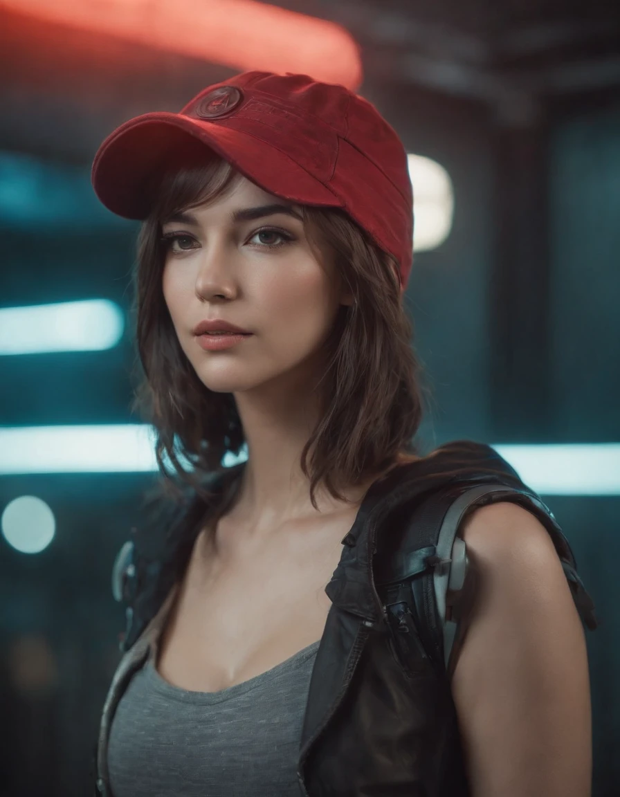 Beautiful woman medium hair, wearing cap, cyberpunk style short clothesBeautiful woman medium hair, wearing cap, cyberpunk style short clothes