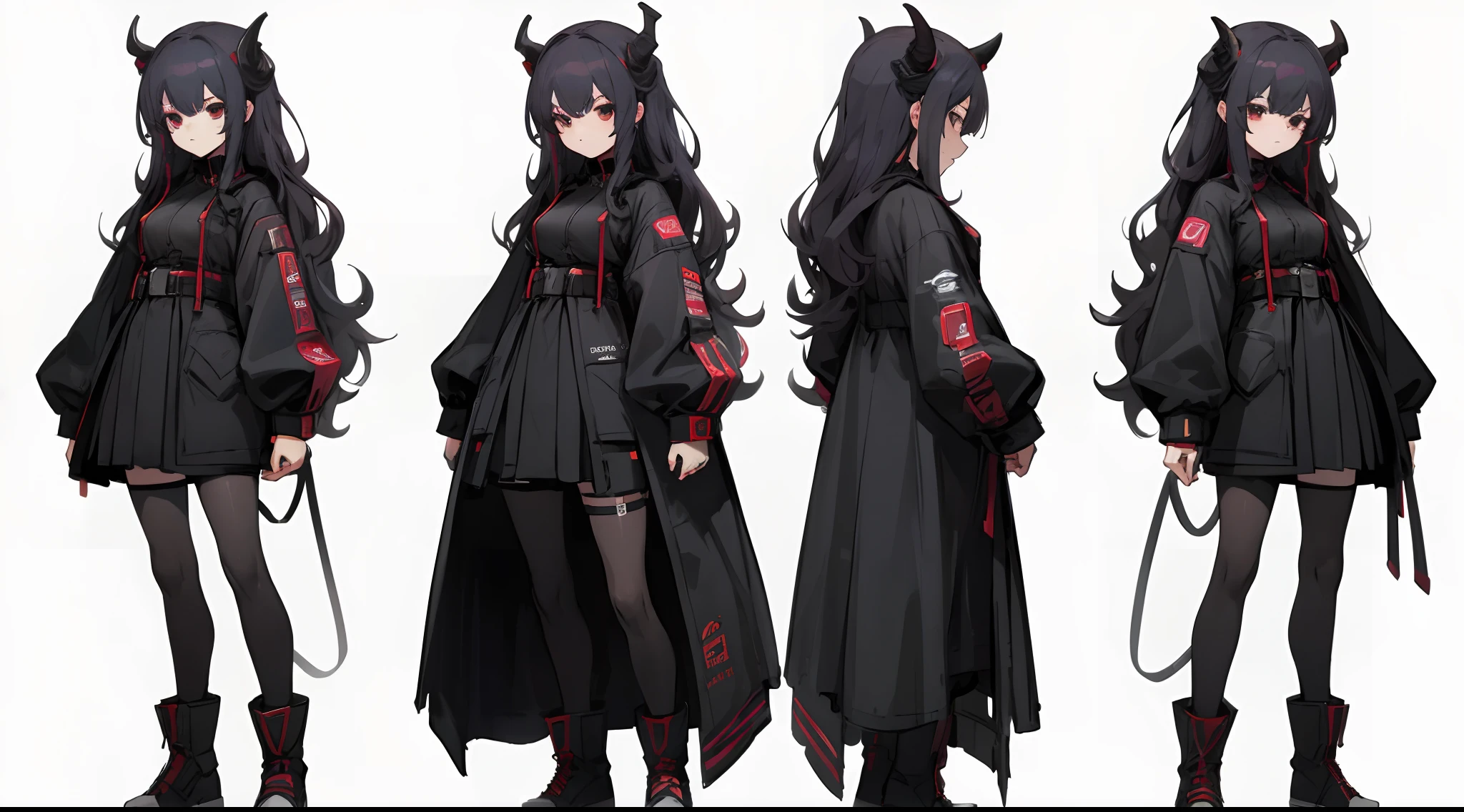 Masterpiece: 1.6, best quality: 1.4, live image: 1.2, intricate details: 1.2, graphicsournerv2: 1.2, A pair of demon horns on the head, 1 girl, shingle, blonde disheveled hair with black curls , multi-colored hair, Black curls, kblack eyes, Fashionable clothes small breasts, Skinny Legs, cyberpunk clothes, The boots are massive, The background is pure white (single background, white background: 1.3), multiple views, multiple views of the same character with the same outfit: 1.3.