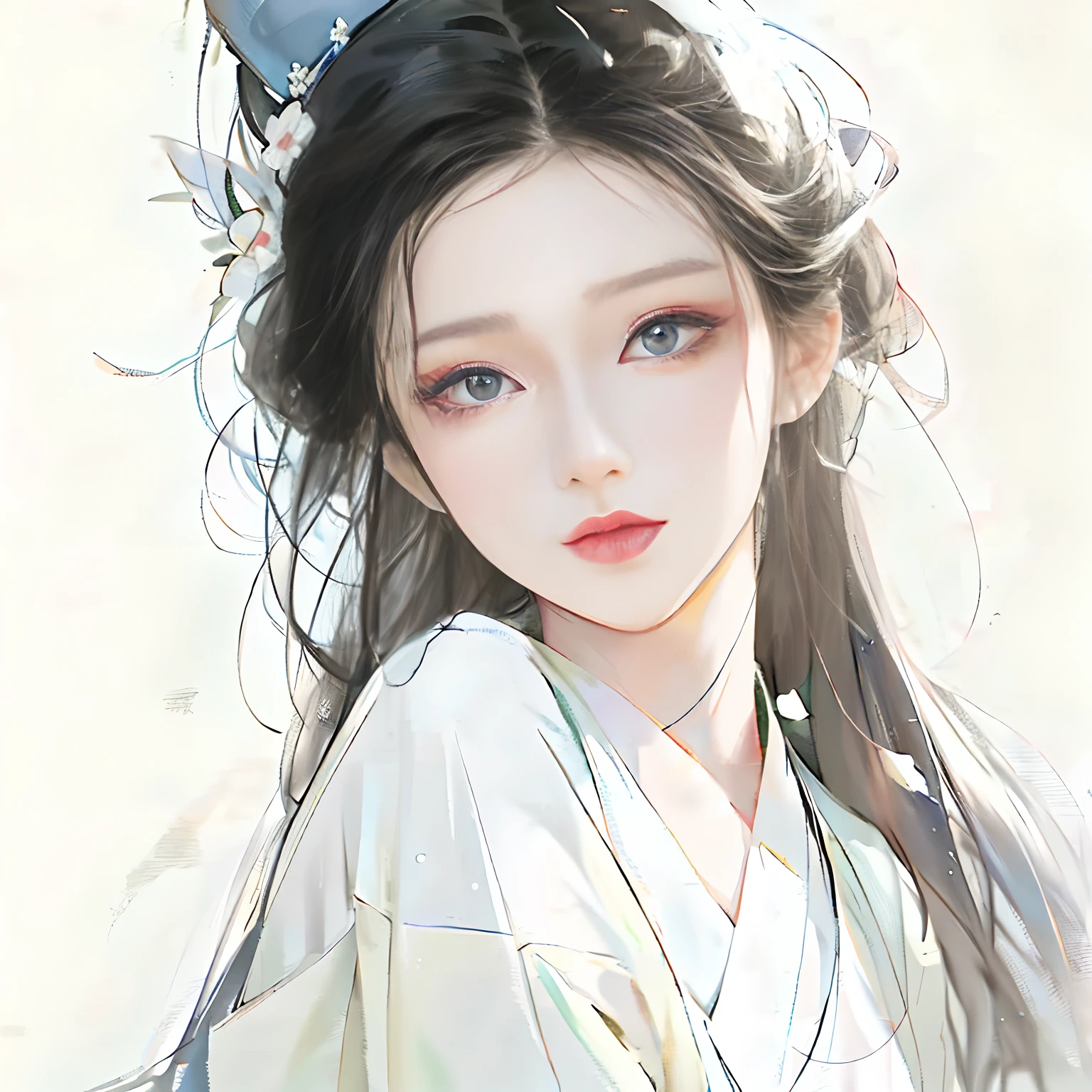 Long hair anime girl in white dress and blue hat, Guviz-style artwork, Guviz, a beautiful anime portrait, Stunning anime face portrait, Beautiful character painting, Beautiful anime girl, up of young anime girl, Beautiful anime style, Beautiful anime face, Palace , A girl in Hanfu, Chinese girl, detailed portrait of an anime girl