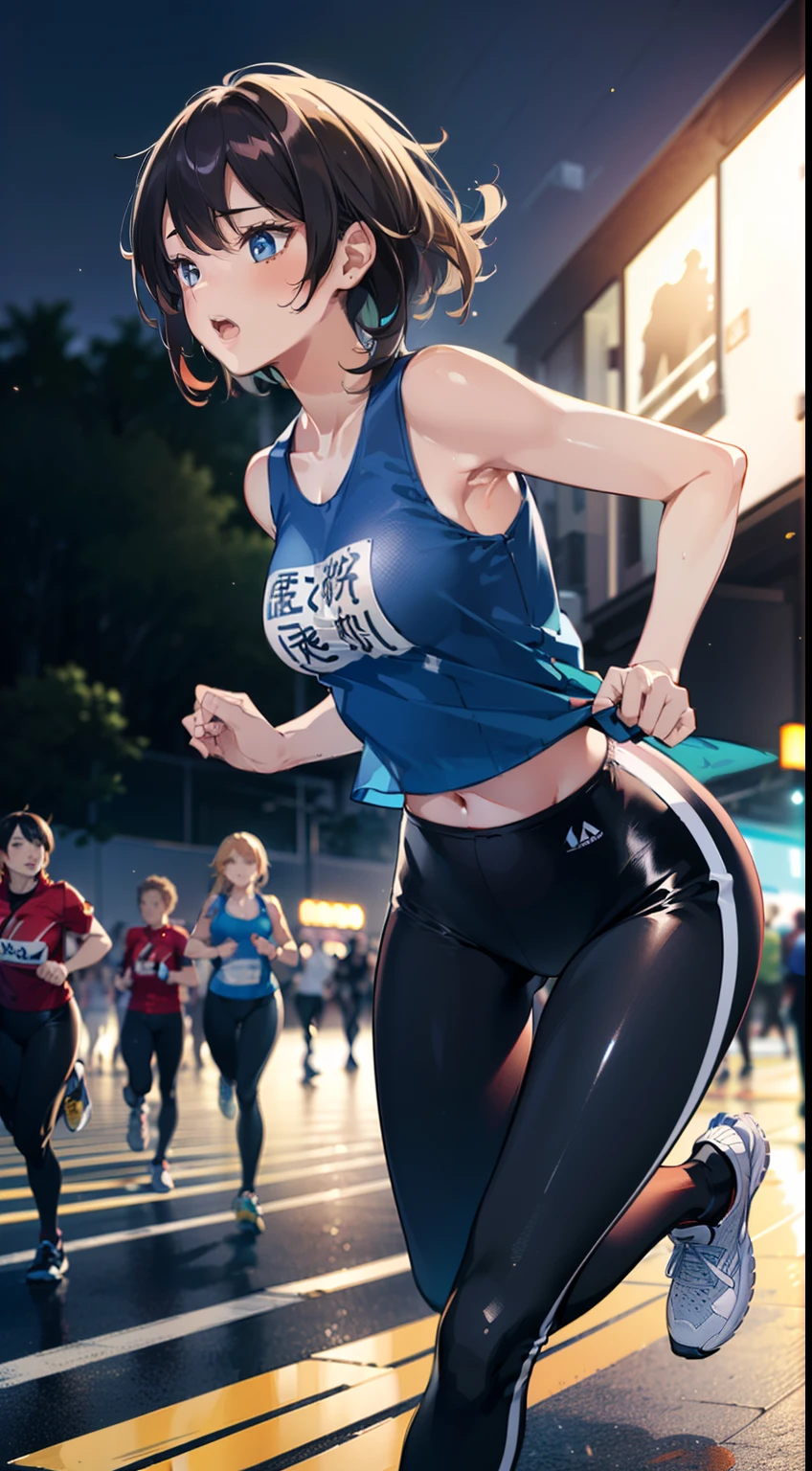 1 girl, (matured woman running field fast:1.3, lifting up right leg, trekking:1.2), wearing white sports leggings and sports tank tops, (fine detailed eyes, super detailed face), (ultra high resolution, 8K RAW photo, super realistics, textile shading), outdoor, ((correct anatomy:1.37)), center image, front view, dynamic angle, blurry background, bokeh,