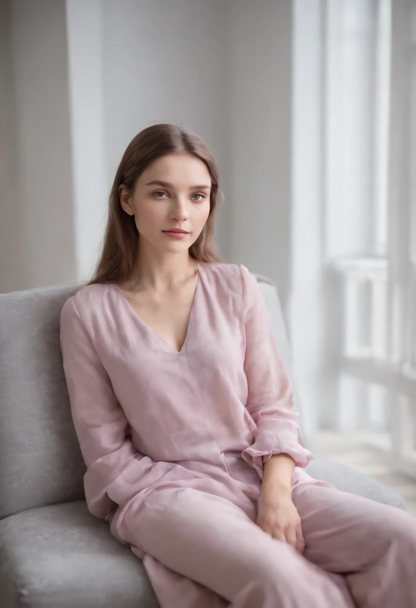 young woman laying on armchair , in the style of light magenta and light gray, calm and meditative, barbizon school, exaggerated facial features, light brown and white, happycore, emotional sensitivity ，upper body