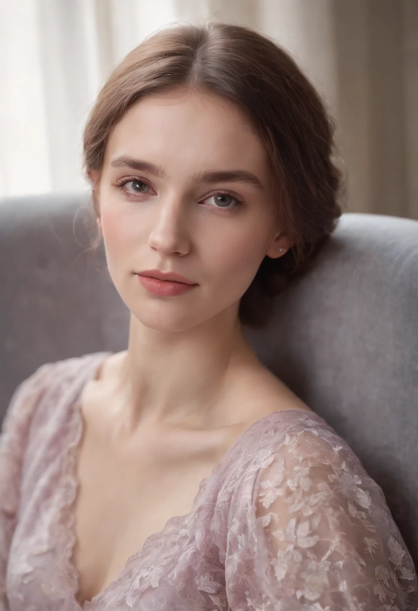 young woman laying on armchair , in the style of light magenta and light gray, calm and meditative, barbizon school, exaggerated facial features, light brown and white, happycore, emotional sensitivity ,upper body