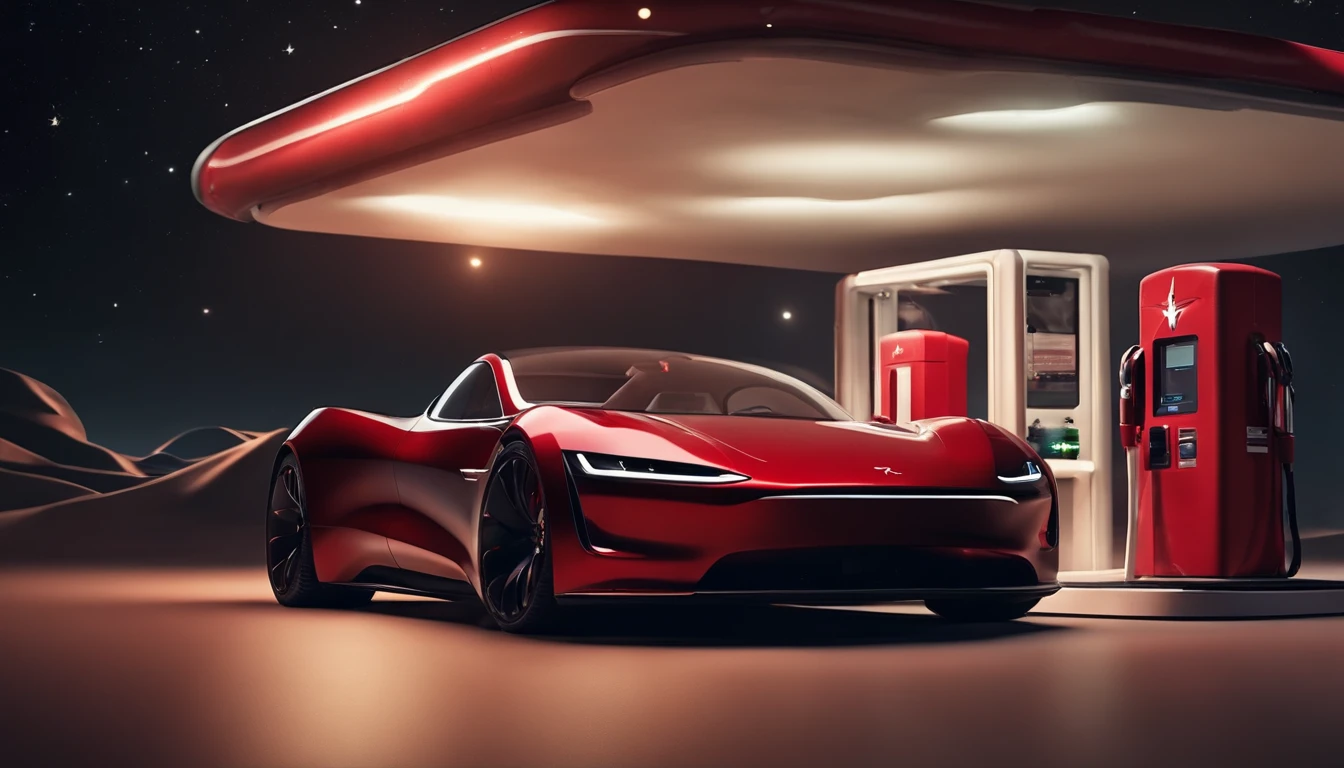 Qualidade de filme 4K，Film compositions，texturas finas，Base em Marte，Astronautas tocando guitarra, A cherry red Tesla Roadster floating in space WITH A GUY WITH SPACE TRAGE STANDING AT A SPACE-STYLE GAS STATION TO FUEL EM UM PLANETA FUTURISTICO NO ESPAÇO, ABASTECENDO, CEU ROXO E 2 PLANETAS VISIVEIS, UM ASTRONAUTA VESTIDO A CARATER