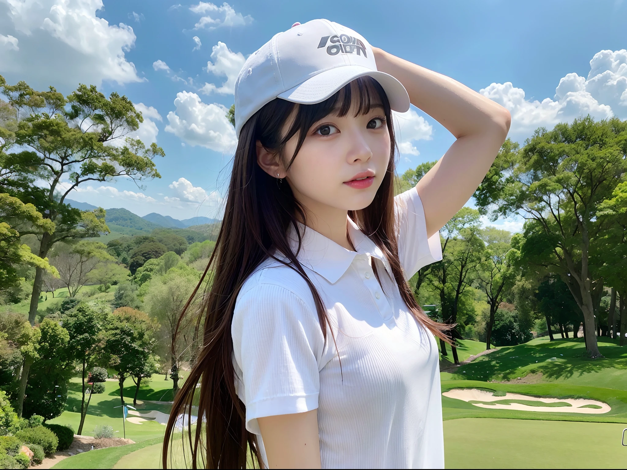 (((top-quality、超A high resolution)))、8K、(Photorealsitic:1.4)、1人、golf、Wearing golf wear、Golf shirt is white、White cap、Black hair long hair、bangs at an angle、(Hairstyle bundled into one)、looking at viewert、a closeup、refreshing、lovely、(full body0.8)、golf course、blur backgroun、Japan person model、smooth skin、Feel the wind、during the day、Beautie、plein air、With a beautifully detailed sky in the background, in her 20s