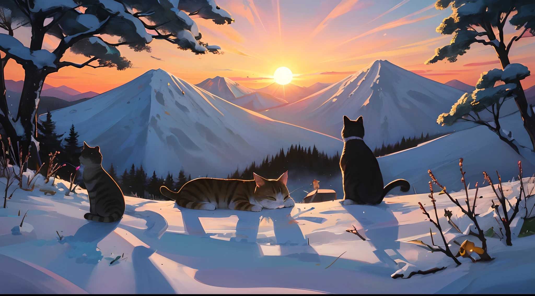 The brazier flickered on and off,I saw
snowfield,Surrounded by mountain shadows,The sun in its twilight,
Wheezing fireflies。A cat napping,
I just wanted to reach out,He ran across from me。