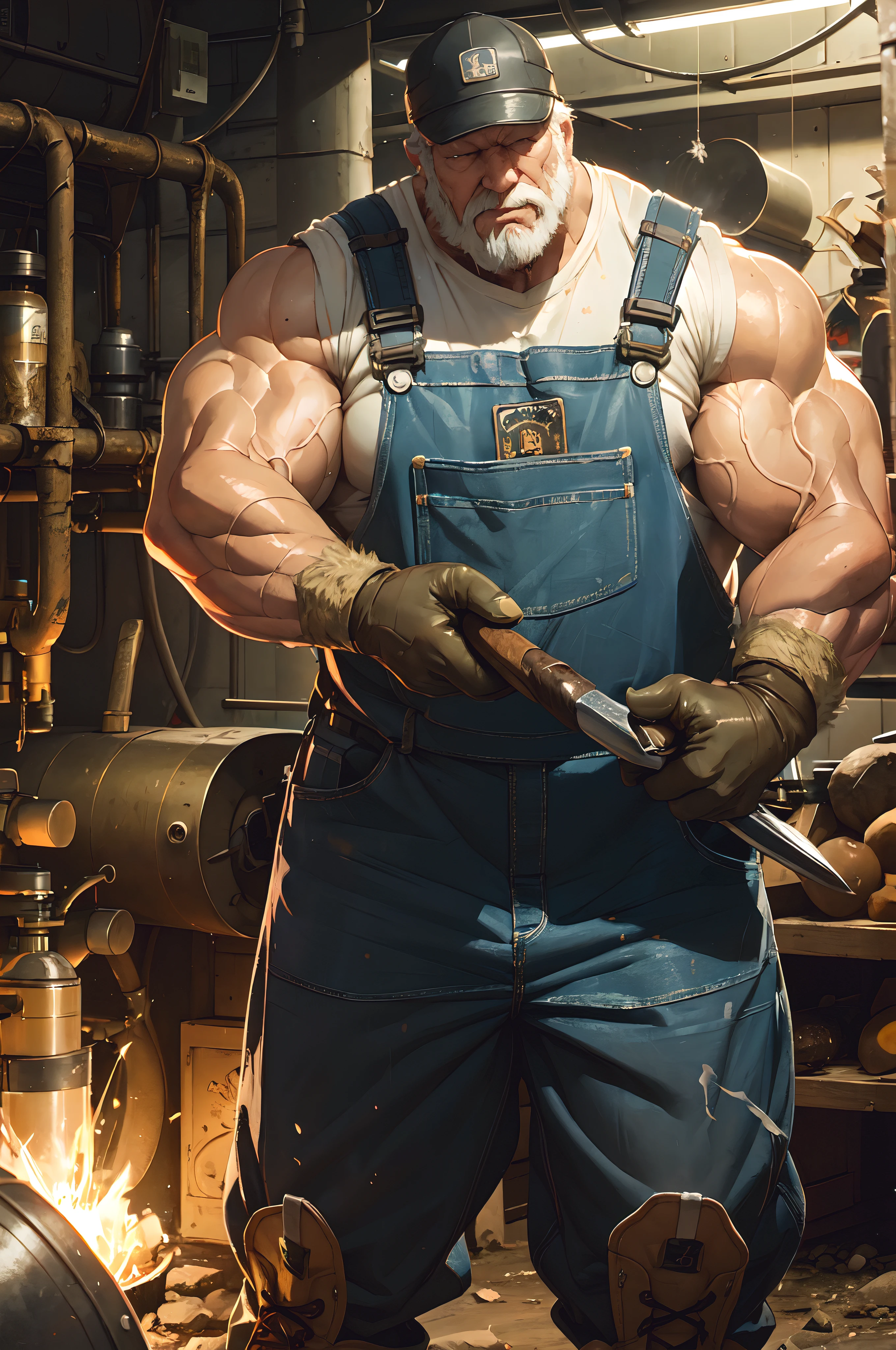 muscular old man, tall, towering, flexing his arms, mechanical worker, detailed face, strong arms and hands, oil-covered overalls, worn-out tools, greasy machinery, heavy-duty equipment, diligent expression, hard hat, tool belt, imposing stance, industrial setting, dimly lit workshop, sparks flying, intense focus, rough and calloused hands, muscular physique, sweat dripping, dirty and smudged face, aged with wisdom, worn-out boots, confident demeanor, experienced craftsman, powerful presence, worn-out work gloves, dedication to craftsmanship, vintage machinery, oil stains, precision and accuracy, vintage goggles, welding sparks, high-res details, rustic charm, sturdy and robust, atmospheric lighting, bronze tones, masculine energy, huge biceps and forearms