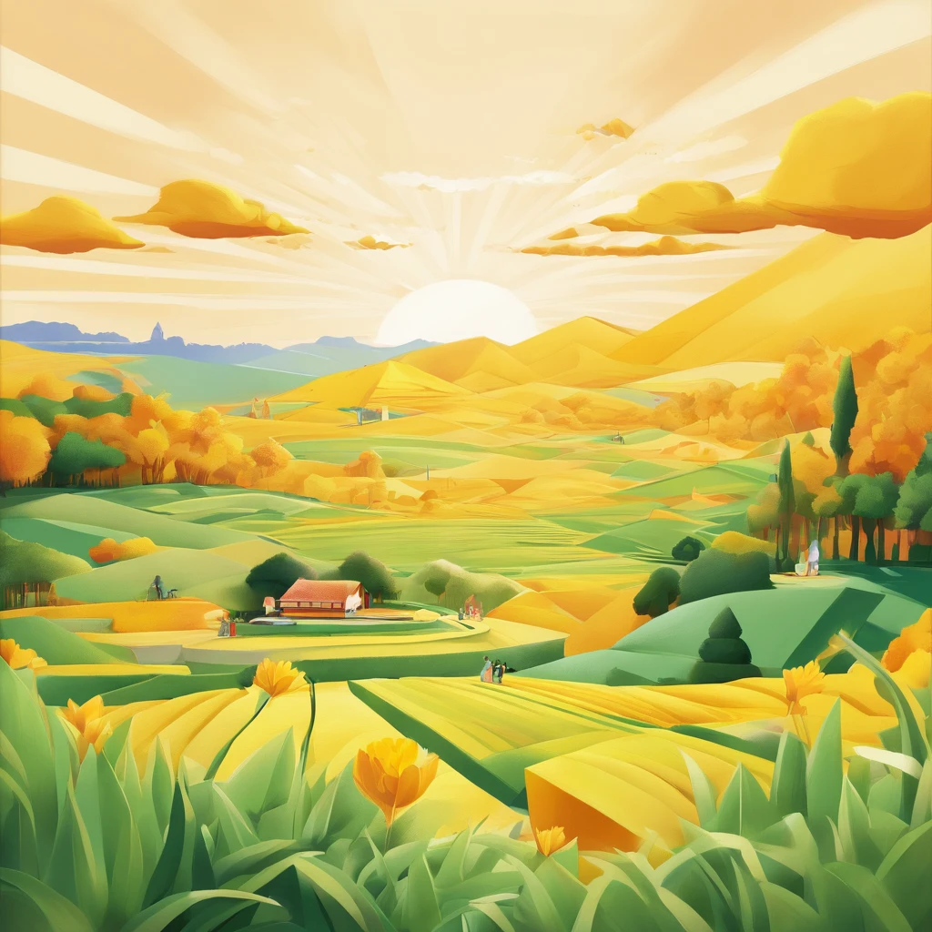 pure scenery,golden yellow as the theme,(((fresh))),((hayao miyazaki painting style)),((beautiful scenery:1.2)),masterpiece,details,beautiful lights,4k,highest quality,(clear and bright),big production,flower,outdoors,nature,leaf,wide shot,scenery,surtr (arknights),((painting:1.3)),natural,cloud,sky,wheat field,summer,terraced fields,colorful,harmonious tone,staggered complex,