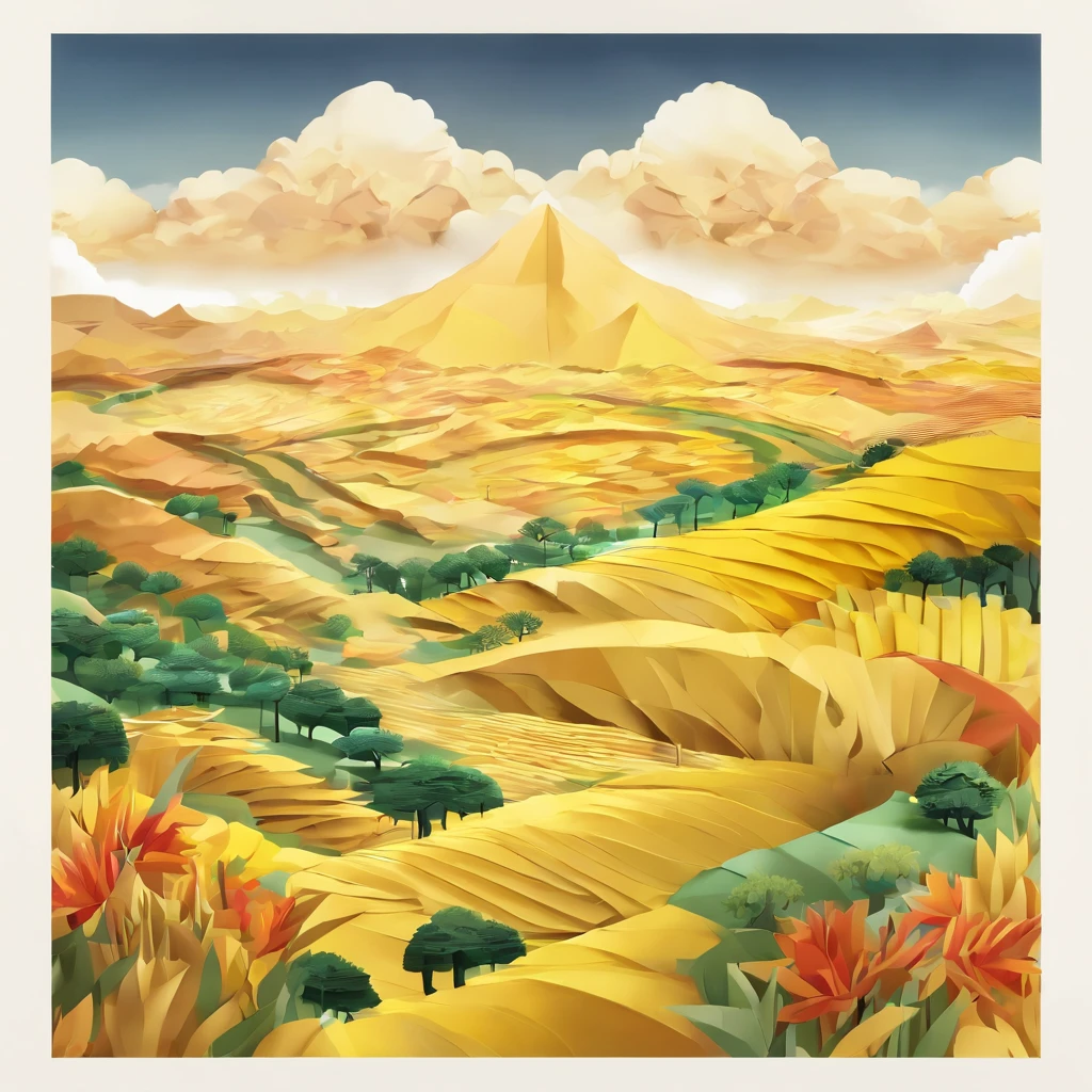 pure scenery,golden yellow as the theme,(((fresh))),((hayao miyazaki painting style)),((beautiful scenery:1.2)),masterpiece,details,beautiful lights,4k,highest quality,(clear and bright),big production,flower,outdoors,nature,leaf,wide shot,scenery,surtr (arknights),((painting:1.3)),natural,cloud,sky,wheat field,summer,terraced fields,colorful,harmonious tone,staggered complex,
