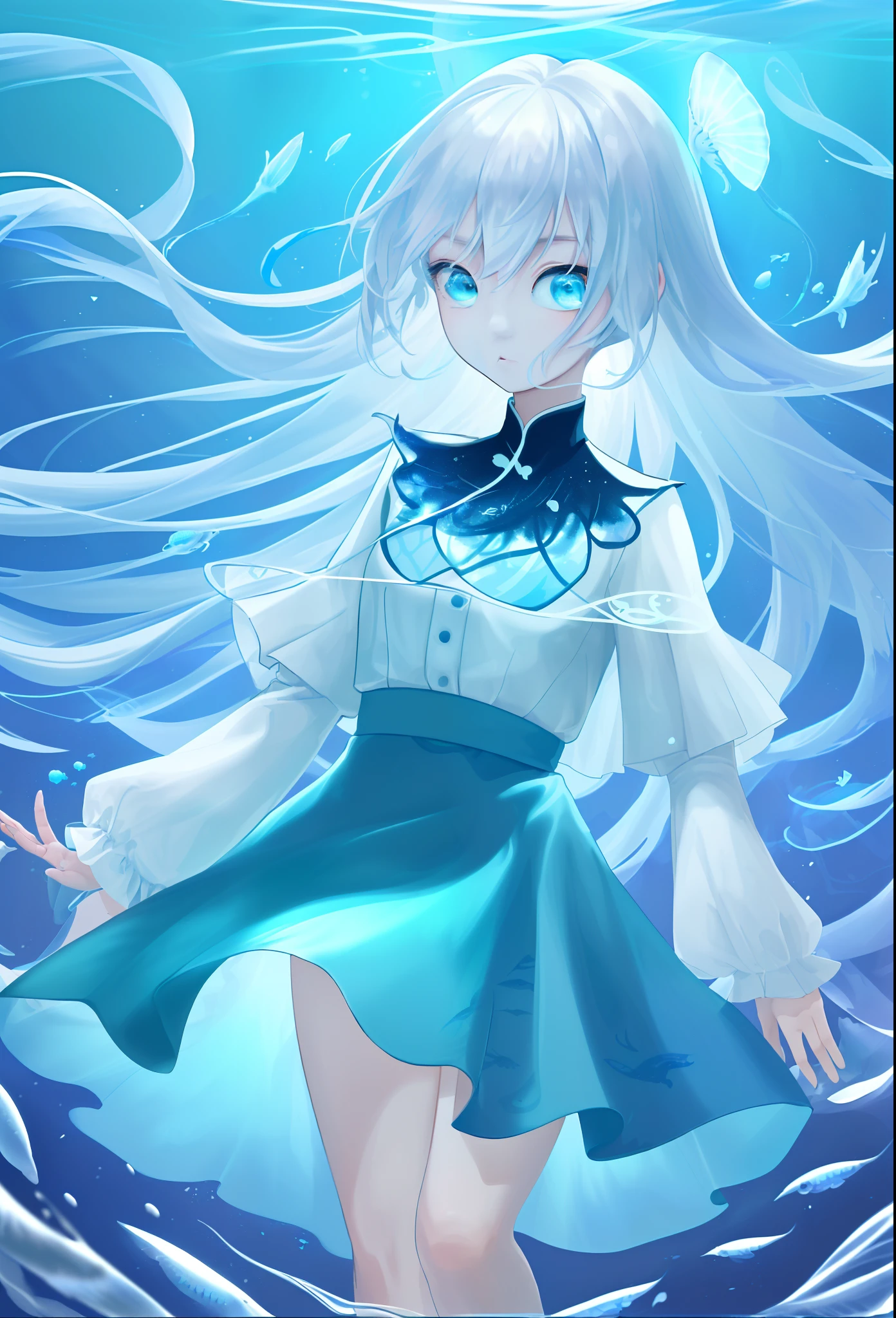 ((masterpiece,best quality)),(negative space:1.2),(1girl, solo:1.4),美丽细致的眼睛，Flowing blue-white hair，under the water，Buble，The fish，（jelly fish），fluorescence，Turtlen，sea weed，